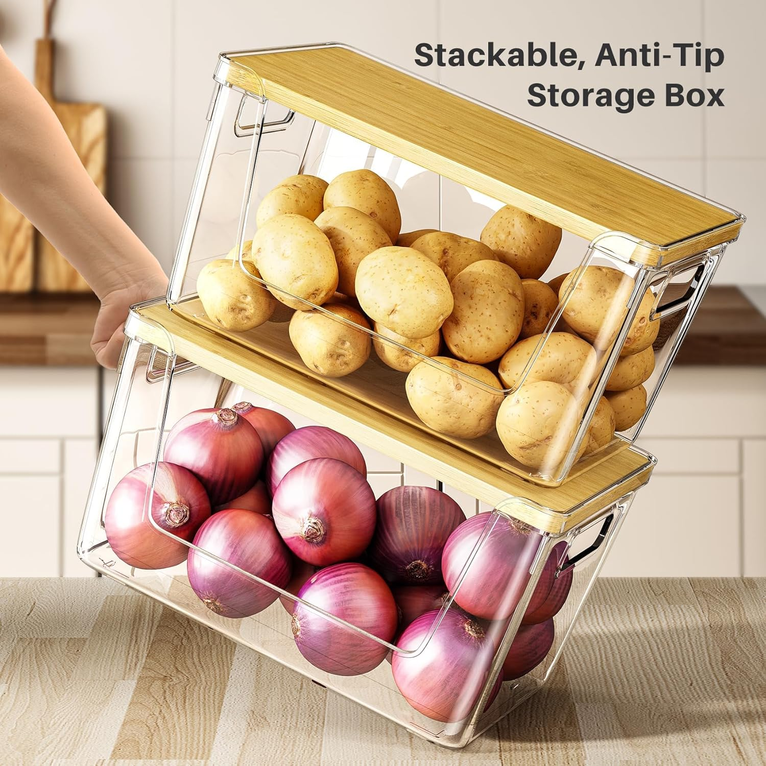 2 Set Pantry Organizer and Stackable Storage Kitchen,Sturdy and Durable Storage Basket for Potato, Onion, Garlic, Fruit, Vegetable, Produce, Clear Plastic Storage with Lid&Handle image number 2
