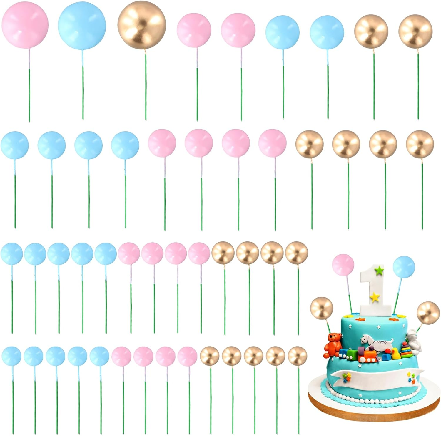 Ball Cake Toppers, 50Pcs Mini Balloons Cake Topper, Baking Cake Decorations DIY, round Cake Decorations, for Wedding, Party, Birthday, Cake Decorating (Gold, Pink, Blue) image number 5