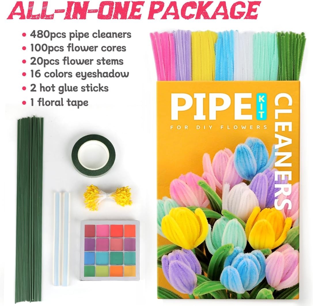 IOOLEEM Pipe Cleaners, 480Pcs Multi-Colored, Flower Making Kit, Arts and Craft Supplies, Pipe Cleaners Kit, Pipe Cleaners for Flowers, Craft Supplies Kit,Gift Ideas for Art Project Activity Gifts.