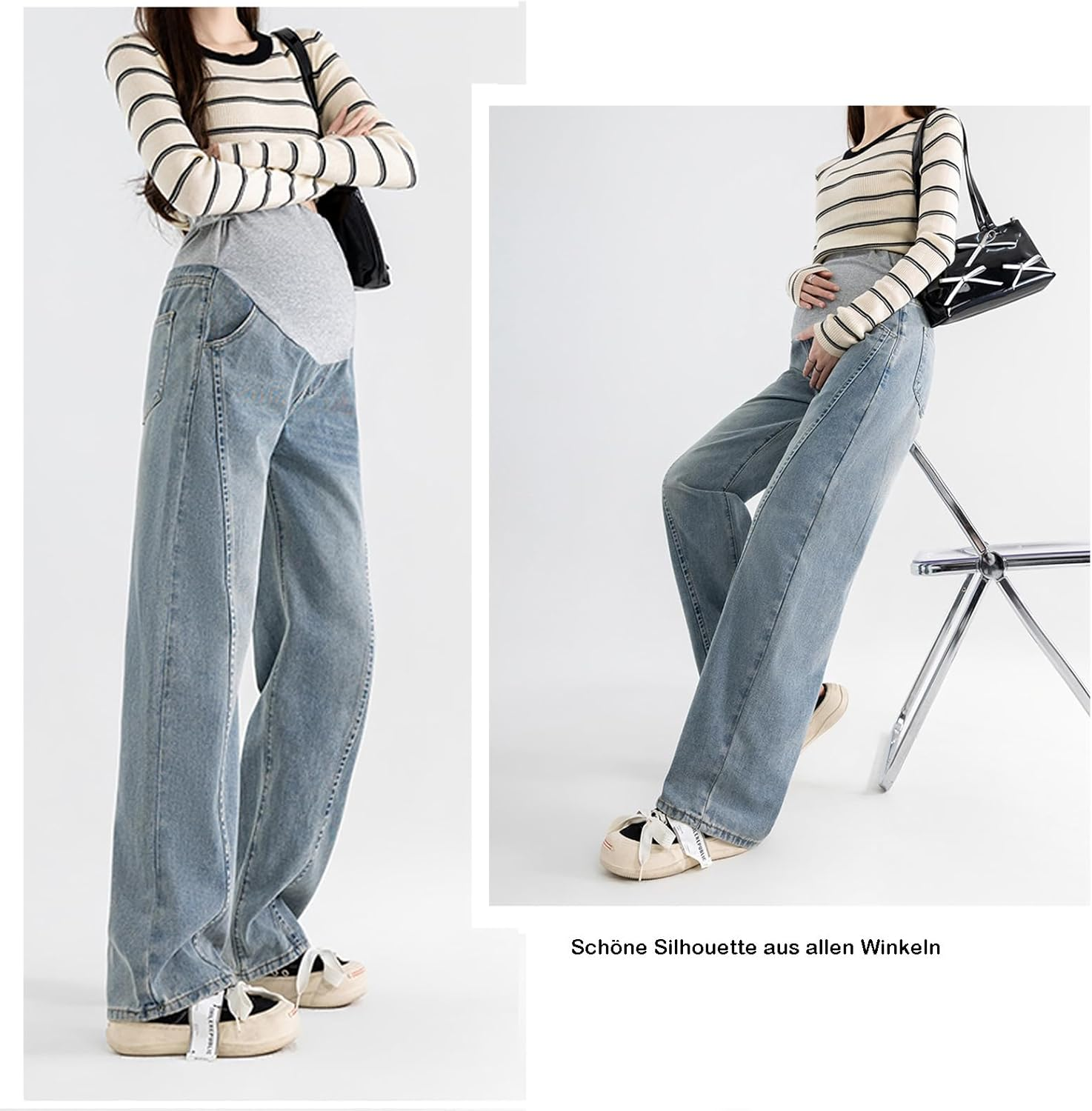 Pregnancy Jeans before & after Birth: Slim Wide Leg, Loose Fit, Soft Denim with Adjustable Strap - for Women under 170 Cm, with Practical Pockets image number 5