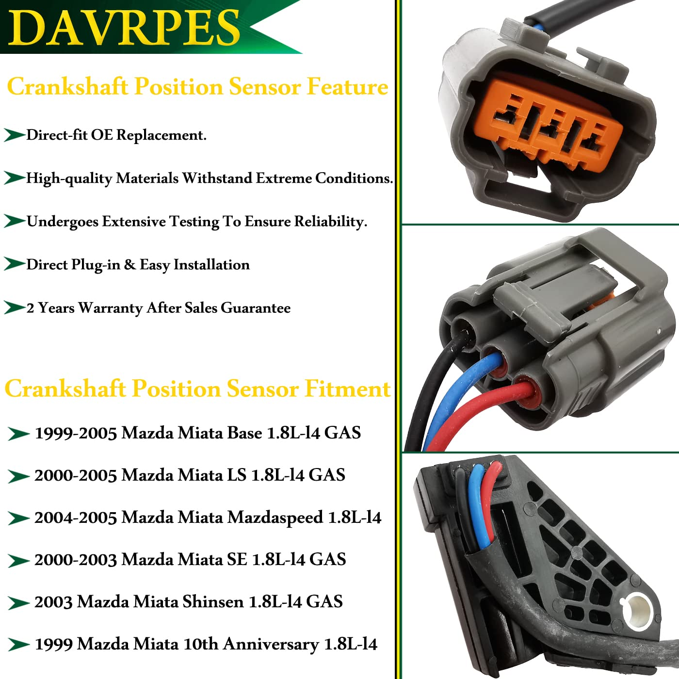 DAVRPES ZL01-18-221 Crankshaft Position Sensor for 1999-2005 Mazda Miata Replace#Zl0118221A｜J5T27072｜Pc390｜Zl01-18-221 image number 5