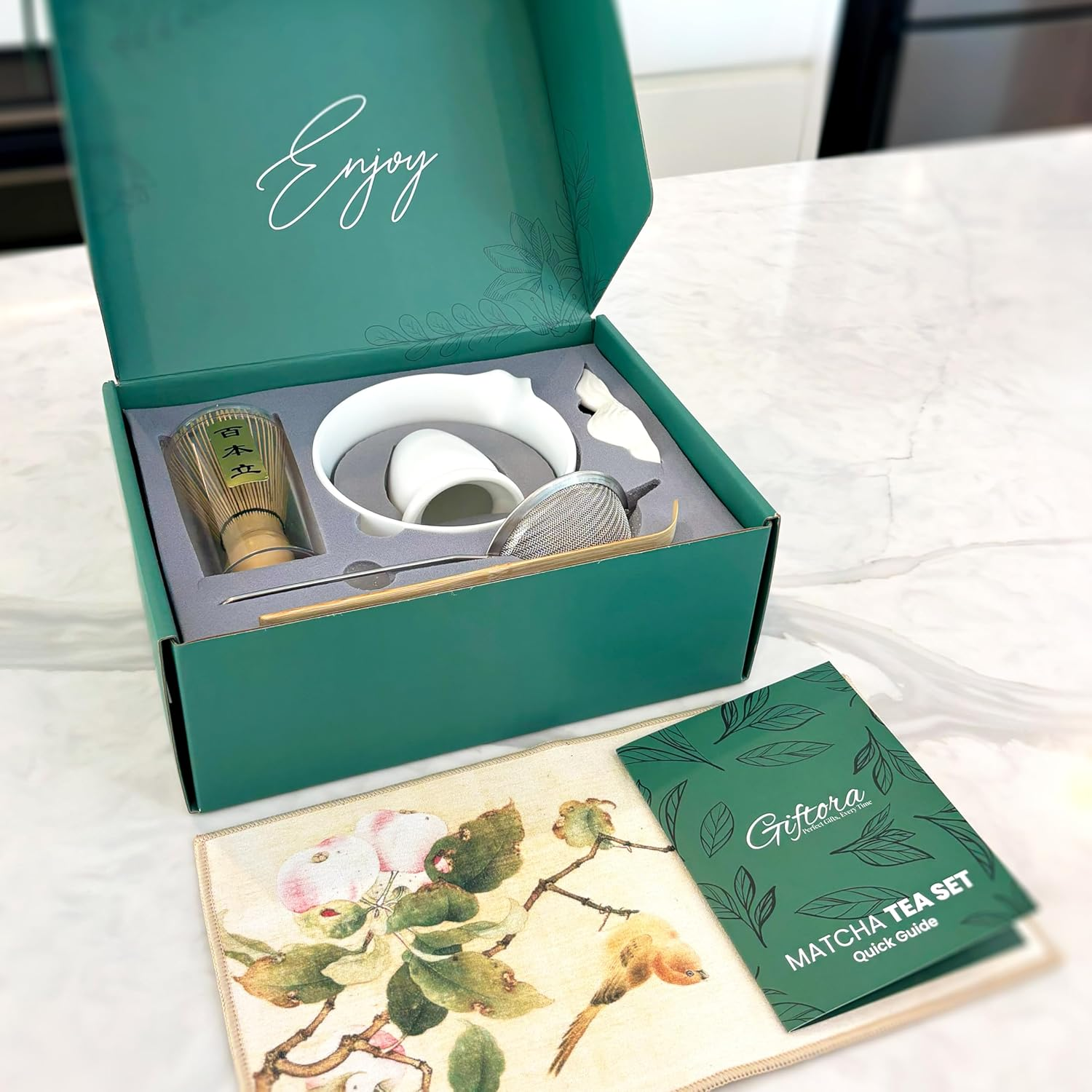 Matcha Whisk Set &ndash; 7-Piece Japanese Matcha Tea Set with Chasen, Matcha Bowl, Sifter, Tea Strainer, Whisk Holder & Kitchen Towel &ndash; Complete Matcha Kit by Giftora (White) image number 4