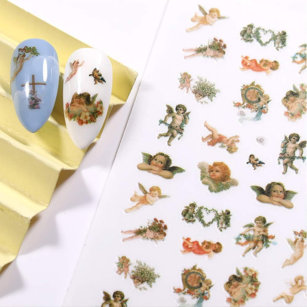 Angel Nail Stickers, 3D Self-Adhesive Baby Angels Nail Decals Baroque Flower Leaf Nail Art Stickers Colorful Mixed Angel Valentine'S Day Nail Decorations for Women Girls (4 Sheets) image number 3