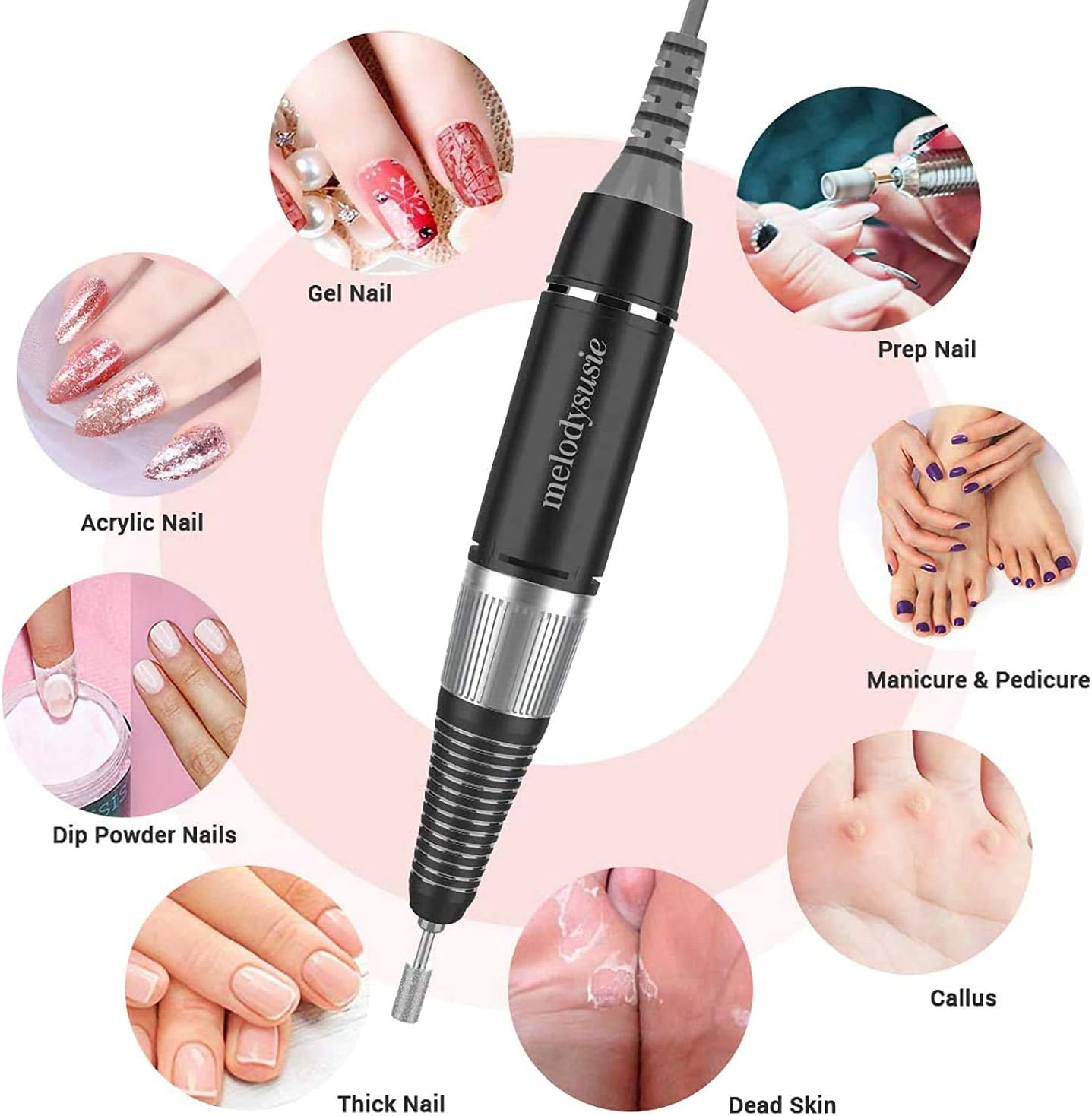 Melodysusie 2-Prong Plugs Handpiece for Scamander Professional Rechargeable 30000 Rpm Nail Drill, Portable E-File, Electric Grinder Tool for Acrylic Nail Natural Extension Poly Nail Gel, Black image number 1
