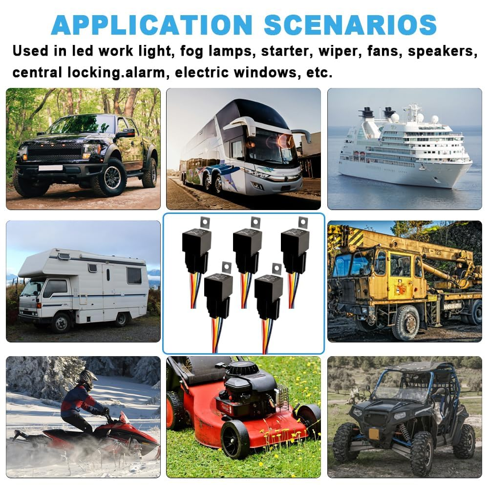 5 Pack 12V 40/30 Amp Car Relay DC 5 Pin SPDT and Harness - Heavy Duty 12 AWG Copper Wires Relays Kit Bosch Style for Automotive Truck Van Motorcycle Boat image number 1