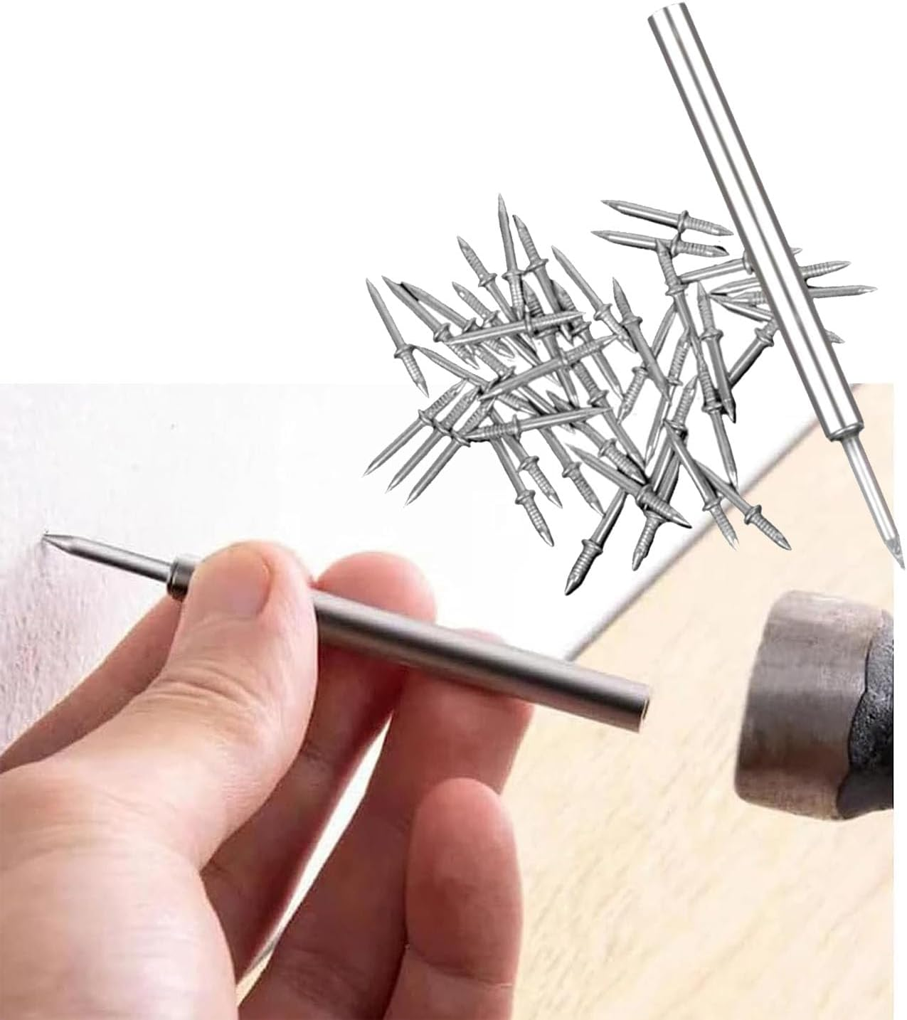 100 Pack Double-Head Skirting Thread Seamless Nail, Skirting Board Nails, Double Head Sheep Horn Nails No Trace, Nail for Home D&eacute;cor, Furniture and Construction with Nail Specific Sleeve Tool image number 5