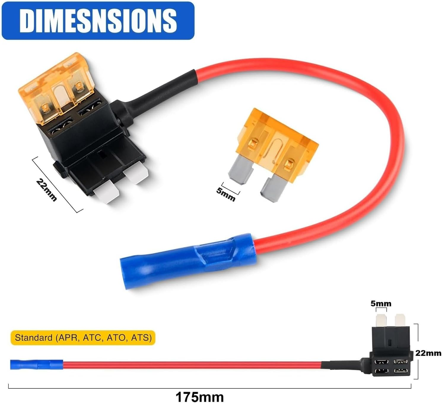 5 Pack Standard Fuse Tap Kit &ndash; 16AWG Add-A-Circuit Fuse Holders with Blue Terminals &ndash; APR/ATC/ATS Standard Blade Adapter for Car, Ute, SUV, 4WD, 12V Accessory Wiring (5, 1AMP) image number 4