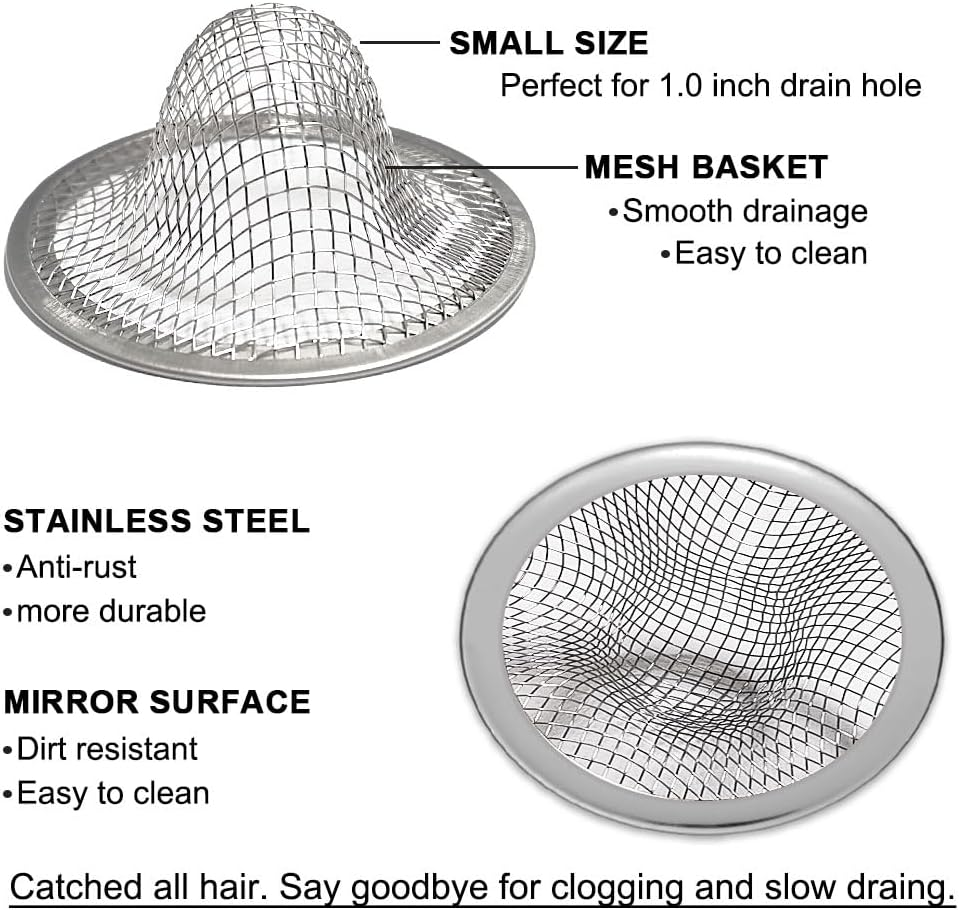 1.0" Small Drain Strainer, Sink Drain Hair Catcher, Bathroom Sink Drain Strainer, 2PCS Drain Mesh Baskets for Laundry, Mop Pool, Utility, Slop, RV Sink, Stainless Steel Drain Filter image number 5