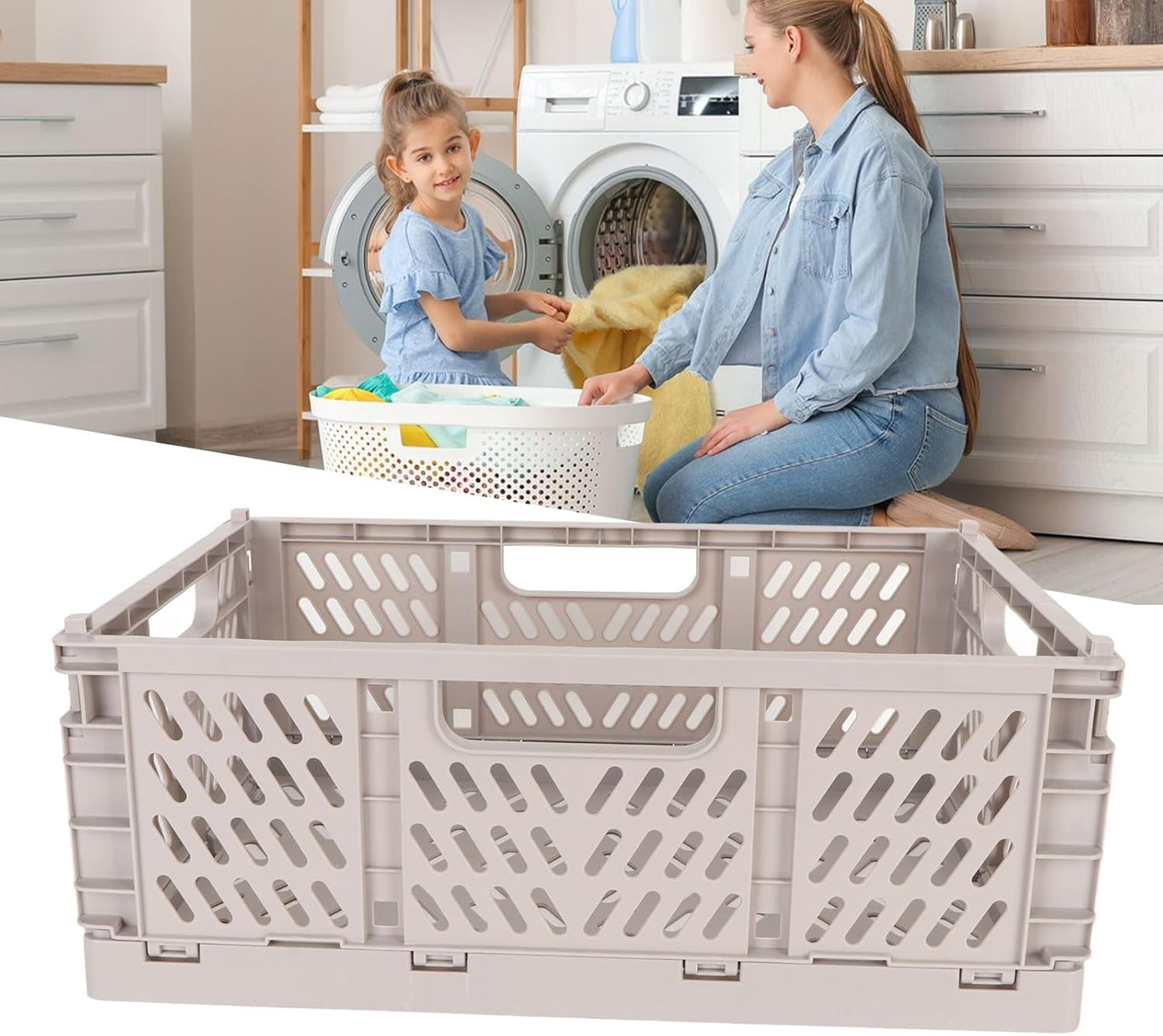 Large Capacity Storage Crate, Collapsible Storage Crate Made from Plastic for Office Laundry, Kids Toys, with Hollow Design Handle image number 5