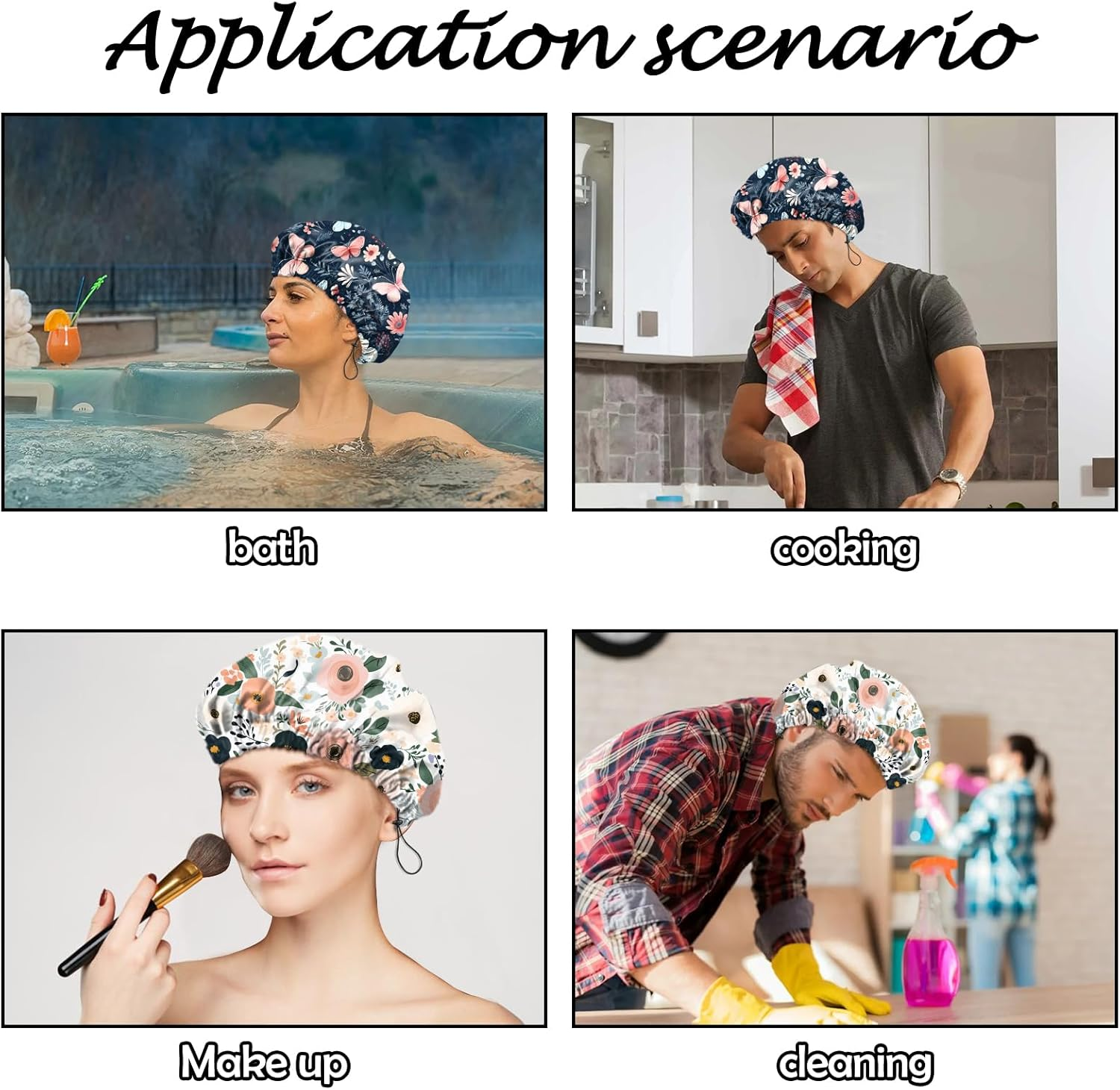 Deokke 2 PCS Shower Cap Reusable Large Waterproof Adjustable Double Layer Elastic Dry Hair Bathing Caps Aesthetic Cute for Women Girls-Butterfly Flower