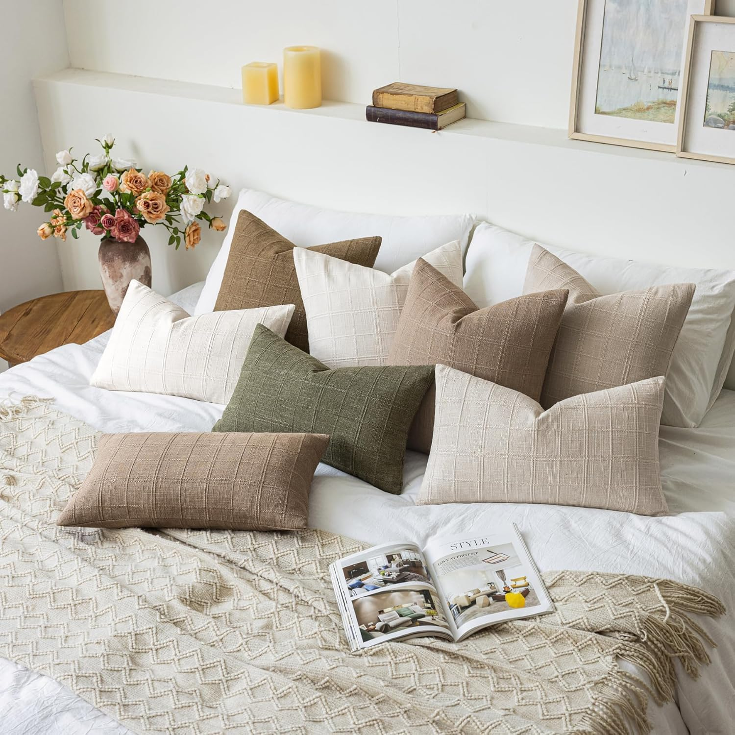 Linen Throw Pillow Covers 20X20 Inch Set of 2, Olive Green Moss Green Vintage Plaid, Neutral Rustic Boho Farmhouse Decor for Couch Bedroom Living Room, Christmas & Modern Style image number 2