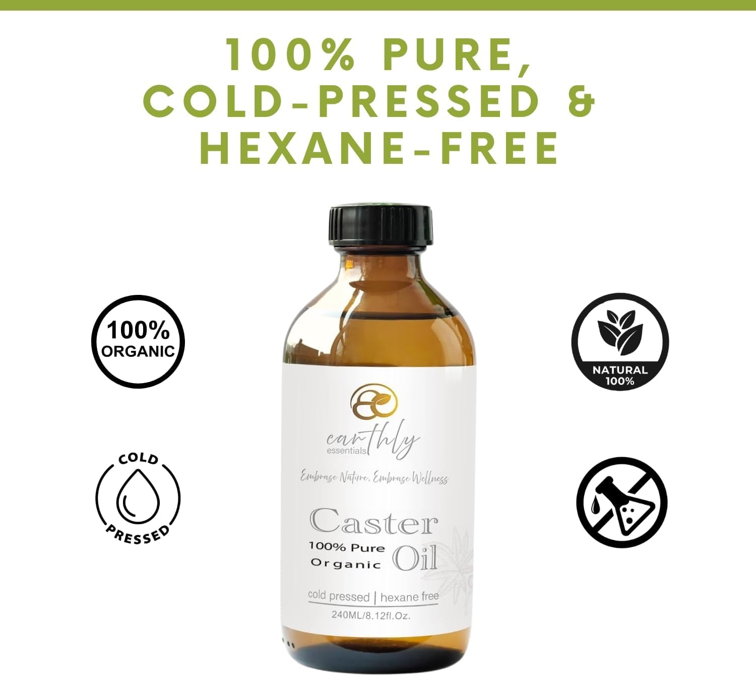 100% Pure Castor Oil &ndash; 240Ml Cold-Pressed in Glass Bottle with Pump | Organic & Hexane-Free for Hair Growth, Scalp Care, Skin Hydration, Eyelashes, Brows & Nails image number 1