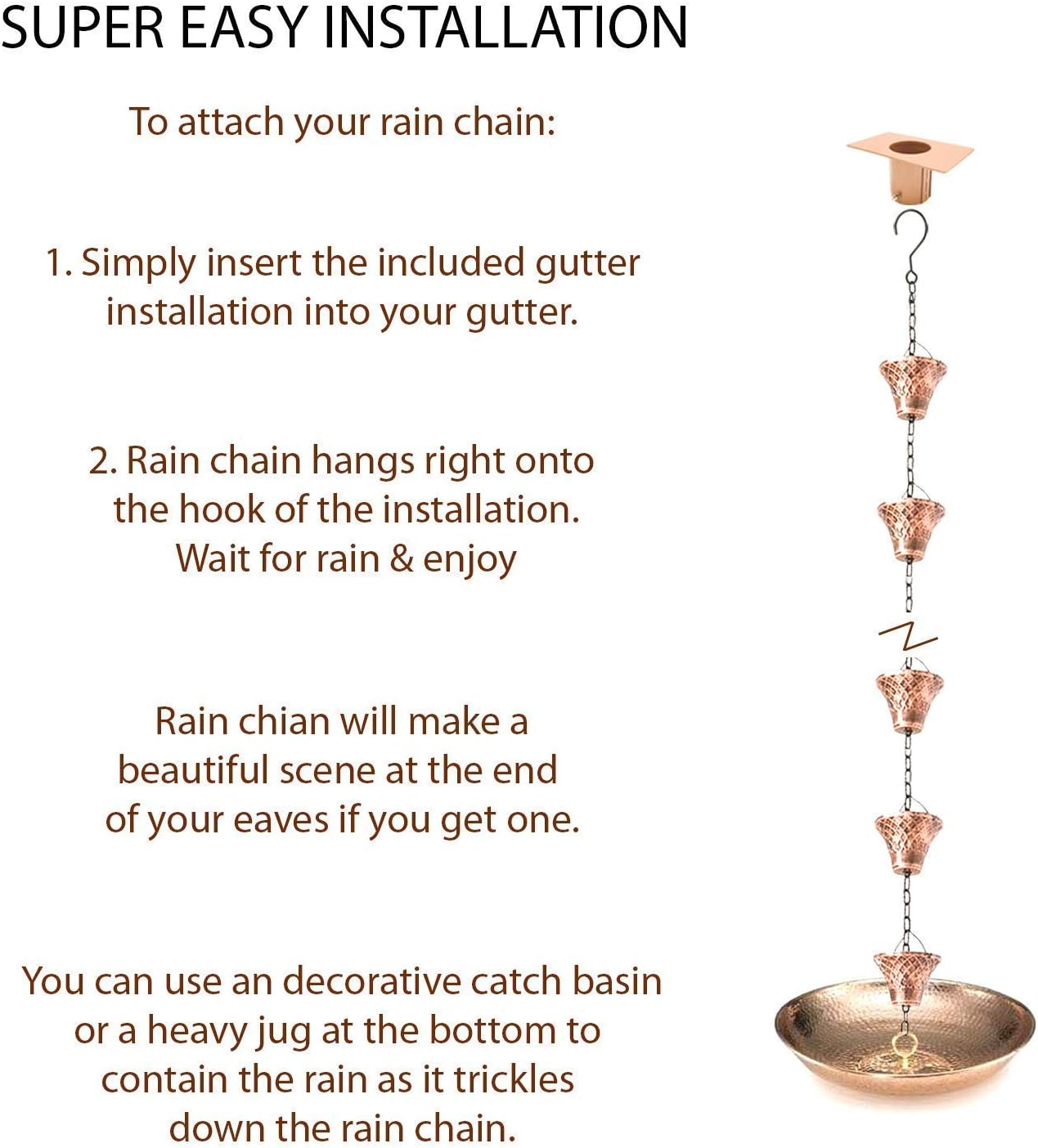 LEPTALINA 8.5FT Antique Copper Colored Iron Rain Chains for Gutter and Rain Barrel | Rust-Resistant Plated Garden D&eacute;cor Rain Chain for Downspout | Bonus Rain Chain Gutter Adapter image number 5