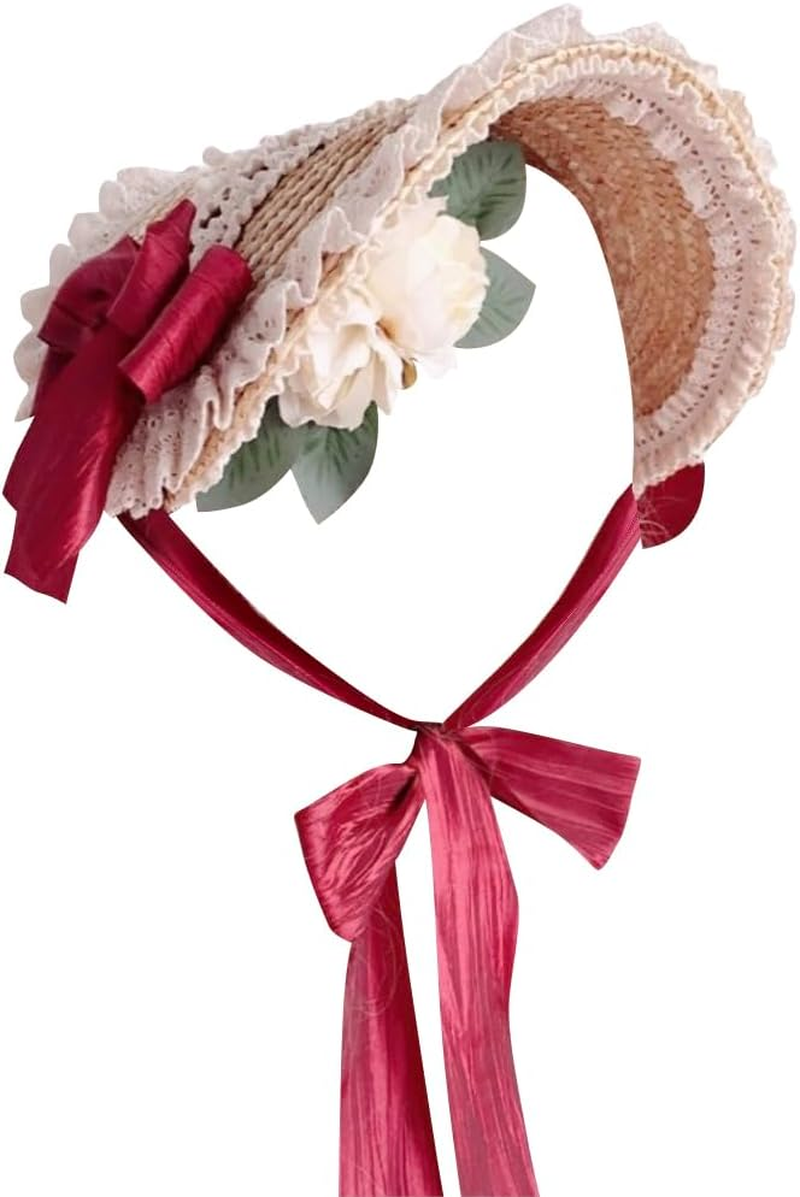 Girls Women Victorian Lolita Flat Bonnet Cap Tea Party Sun Hat Lace Bows Flower Ribbons Straw Hats image number 5