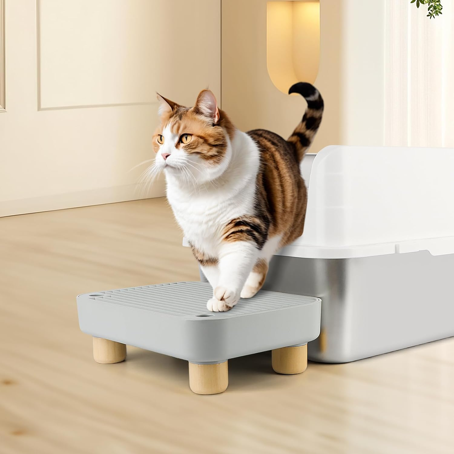 Bartuke Litter Box Step, Cat Step/Ramp/Catcher with Wooden Base, Filter Function, Easy to Clean, Ideal for Kitten & Elderly Cats (Light Grey) image number 3