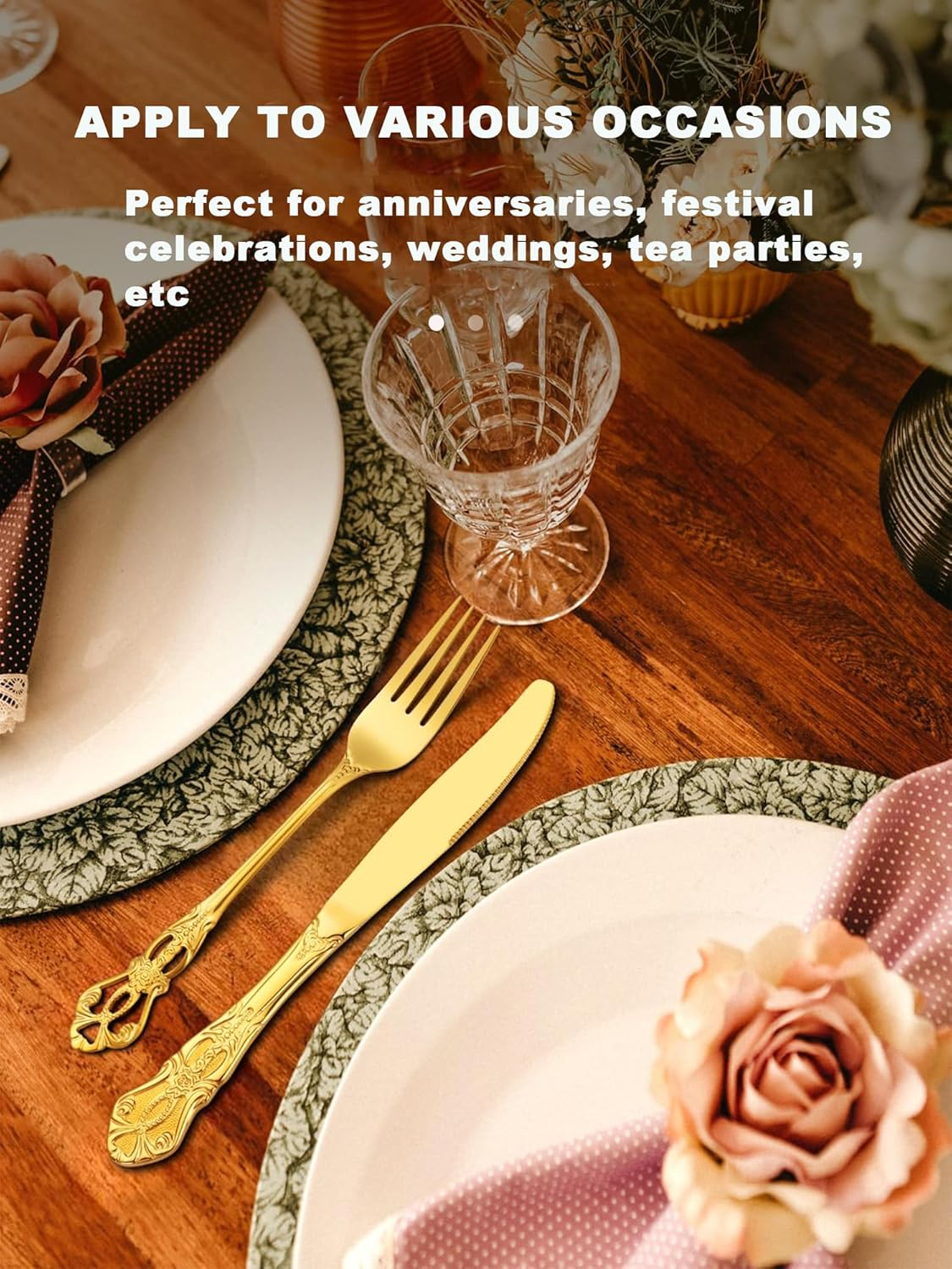 SHEUMNT Retro Gold Silverware Set for 4, Gorgeous 20 Pieces Stainless Steel Golden Flatware Set, Service for 4, Anti-Rust Dark Utensils Fork Spoon Knife, Antique Baroque Cutlery Set - Silver image number 4