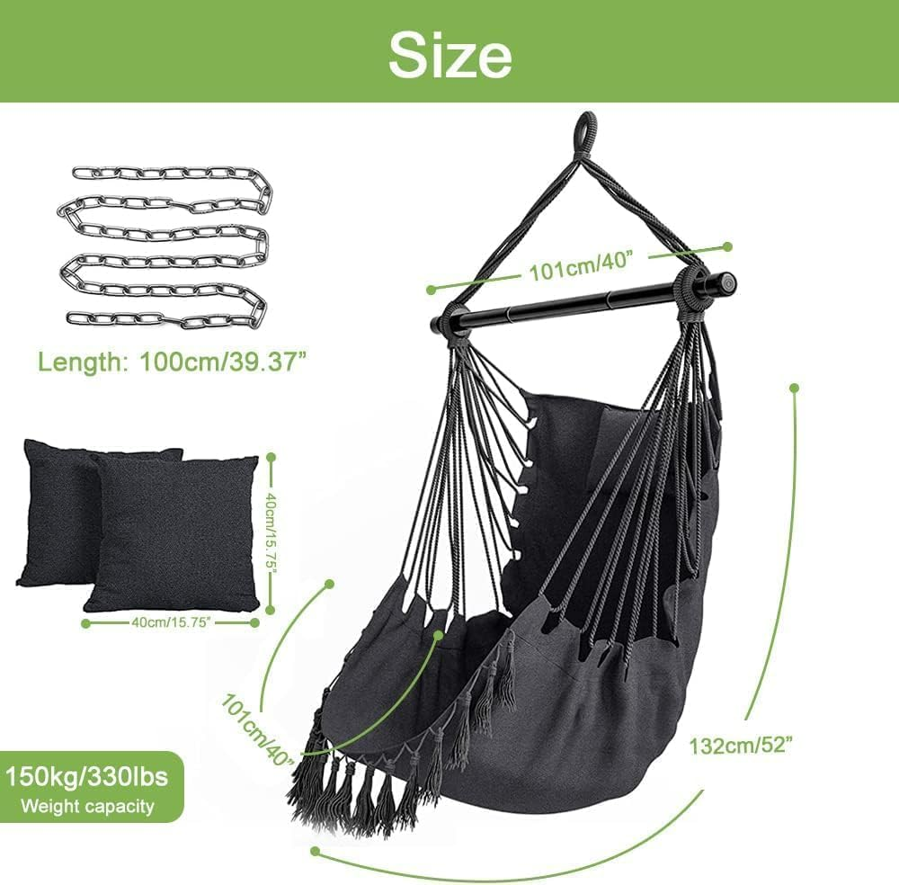 Hammock Chair Hanging Rope Swing Chair with 2 Seat Cushions & Installation Kit, Max 330 Lbs,Hammock Swing Hanging Chair for Bedroom outside Shanging Yard Patio Camping Garden (Light Grey) image number 2