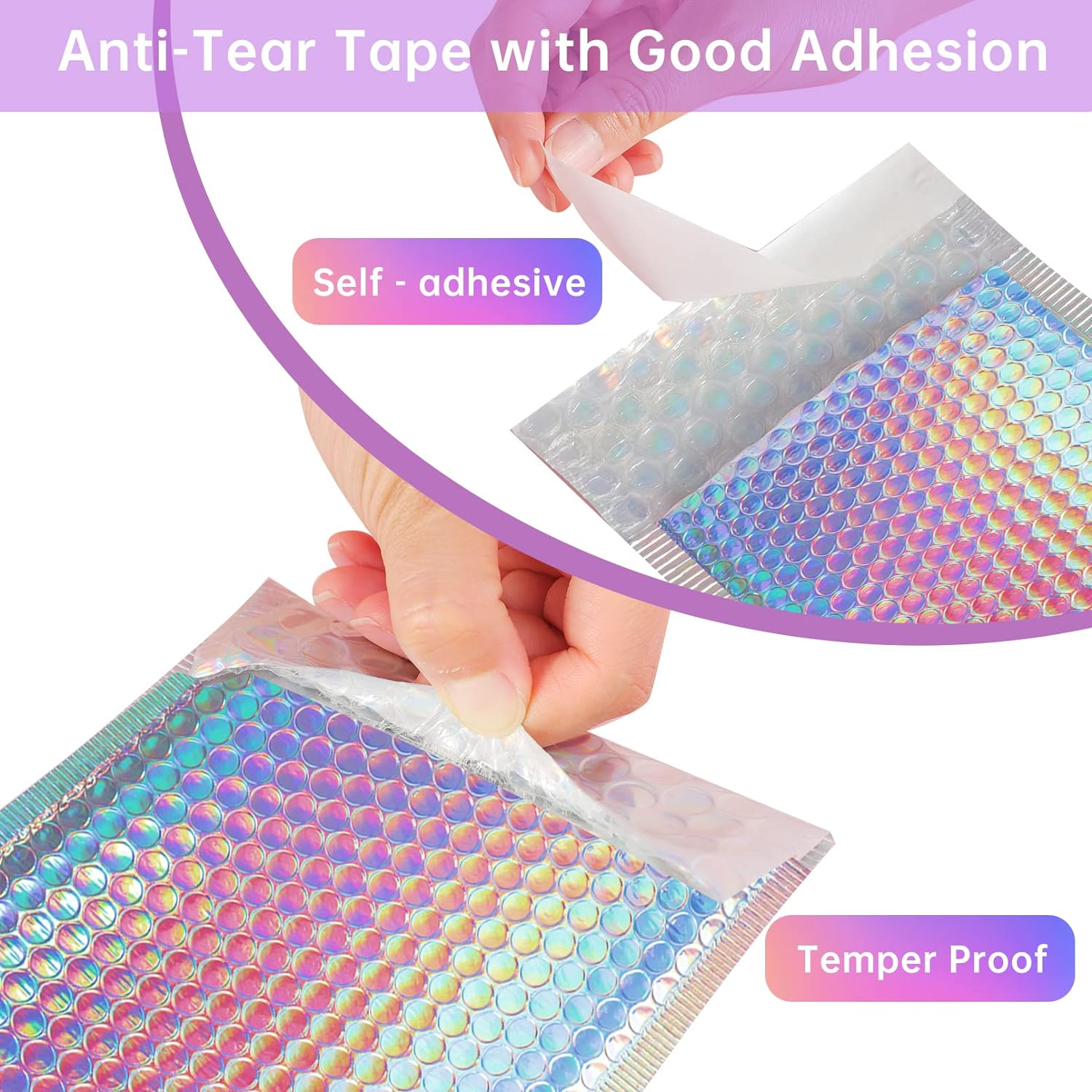 50 Pcs Metallic Bubble Mailers,Poly Padded Envelopes,Waterproof Self Seal Adhesive Shipping Bags,Foil Glitter Glamour Shipping Mailer,Holographic Cushion Envelopes for Mailing,Packing,Small Business - Rainbow Color image number 2