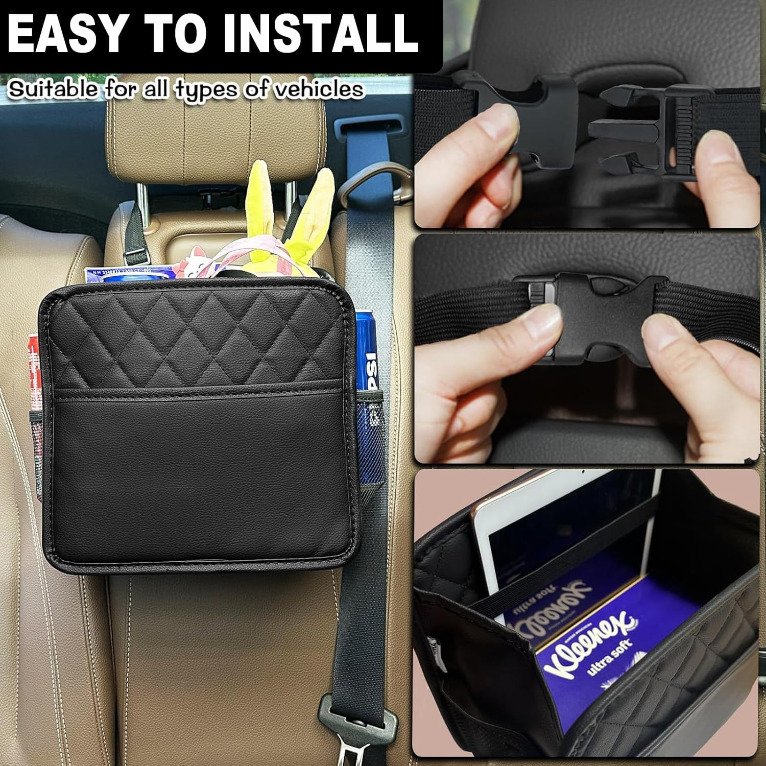 IONPSHG Upgrade Car Seat Hanging Bag (2Pcs)-Waterproof PU Leather Foldable Car Organizer with Cup Holders,Multi-Purpose Backseat Storage Pockets for Travel Accessories,Black image number 2