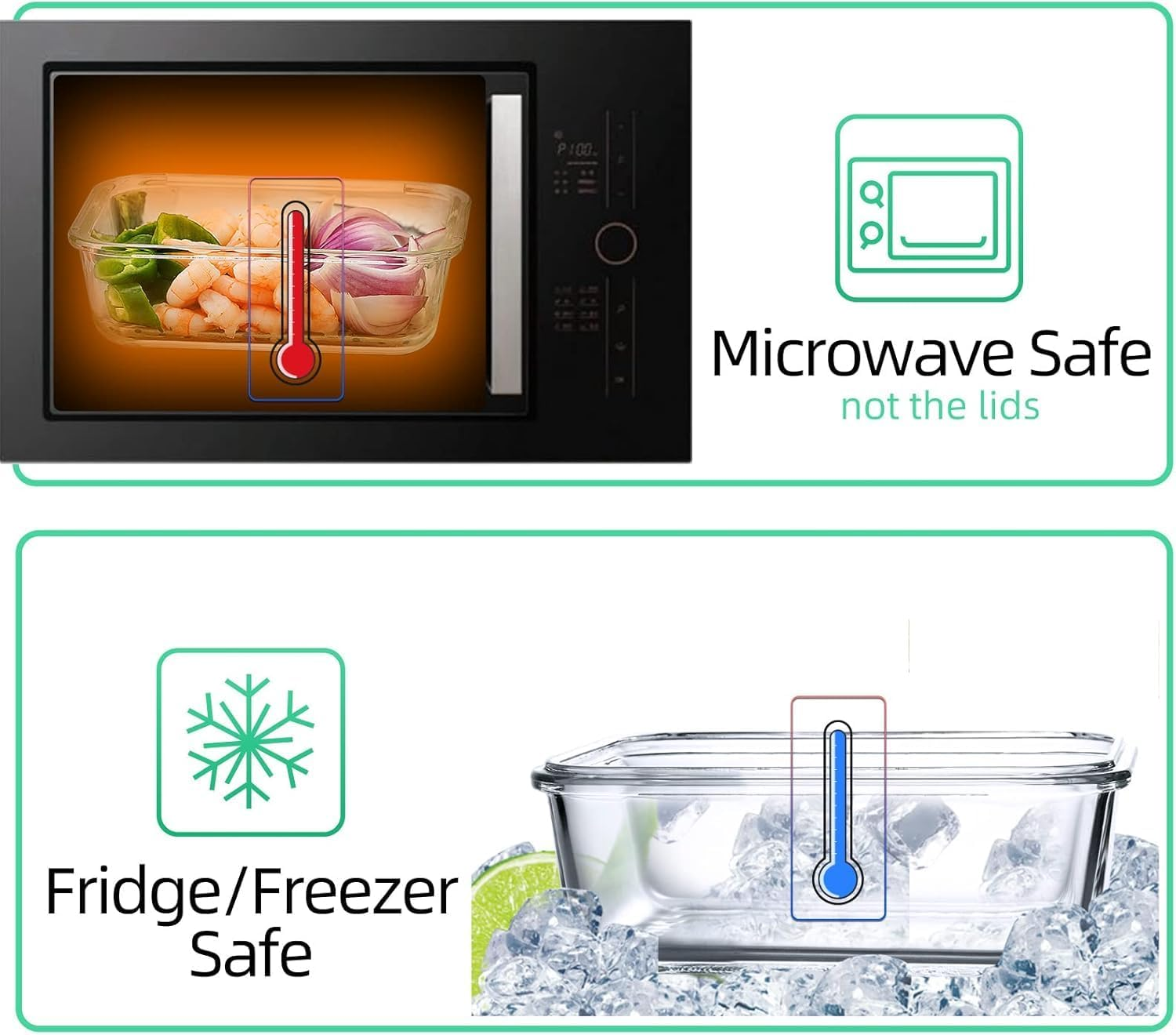 Square Glass Food Storage Containers, 4 Pack 23Oz/0.68L Glass Meal Organizers with Airtight Lids, for Lunch Sandwich Fruit Snack, Dishwasher Microwave Freezer Safe (Green and Pink) - Green image number 2