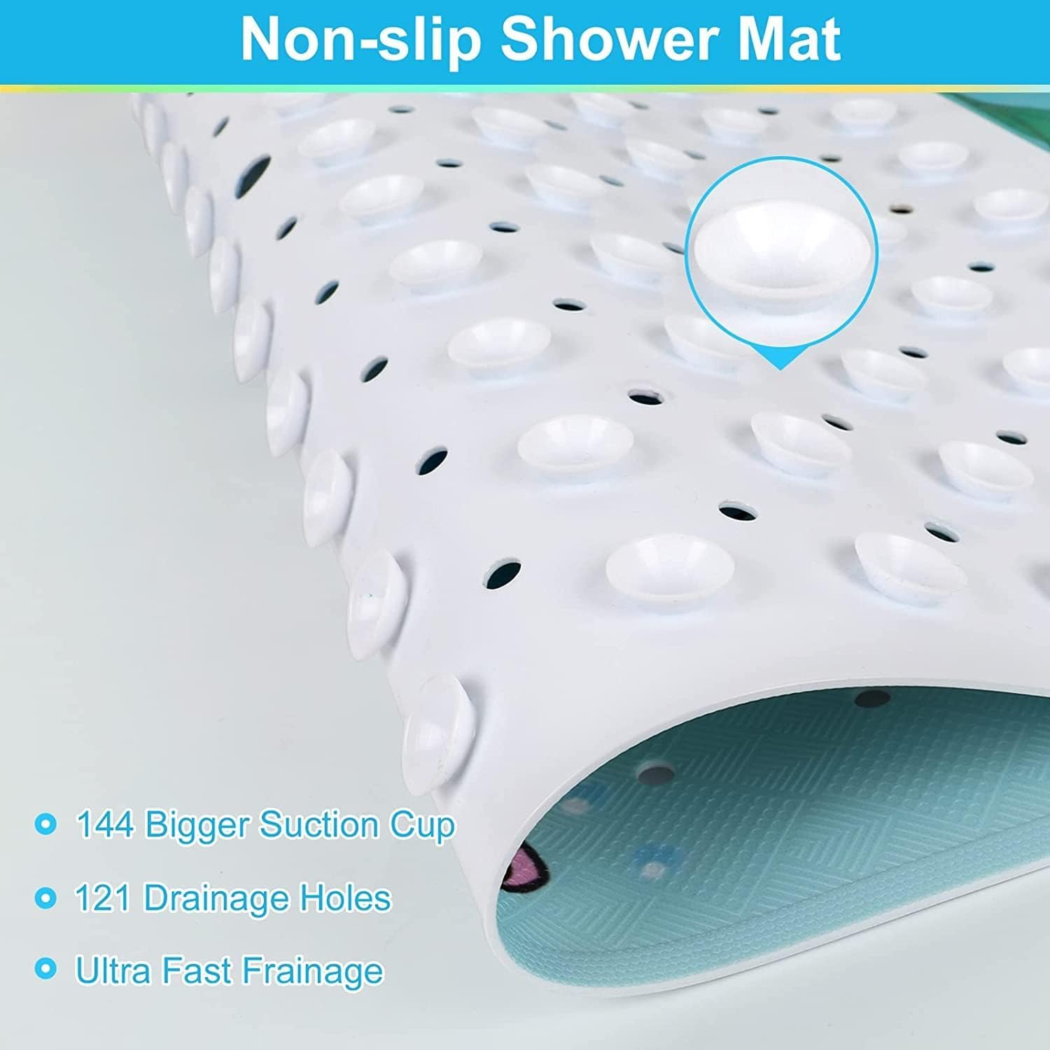 Fohouse Bath Mat for Tub for Kids Non Slip Baby Bathtub Mat Extra Long 40X16 Inch anti Slip Bathroom Toddler Shower Mat, Bath Mats with Suction Cups & Drain Holes, Machine Washable - B image number 5