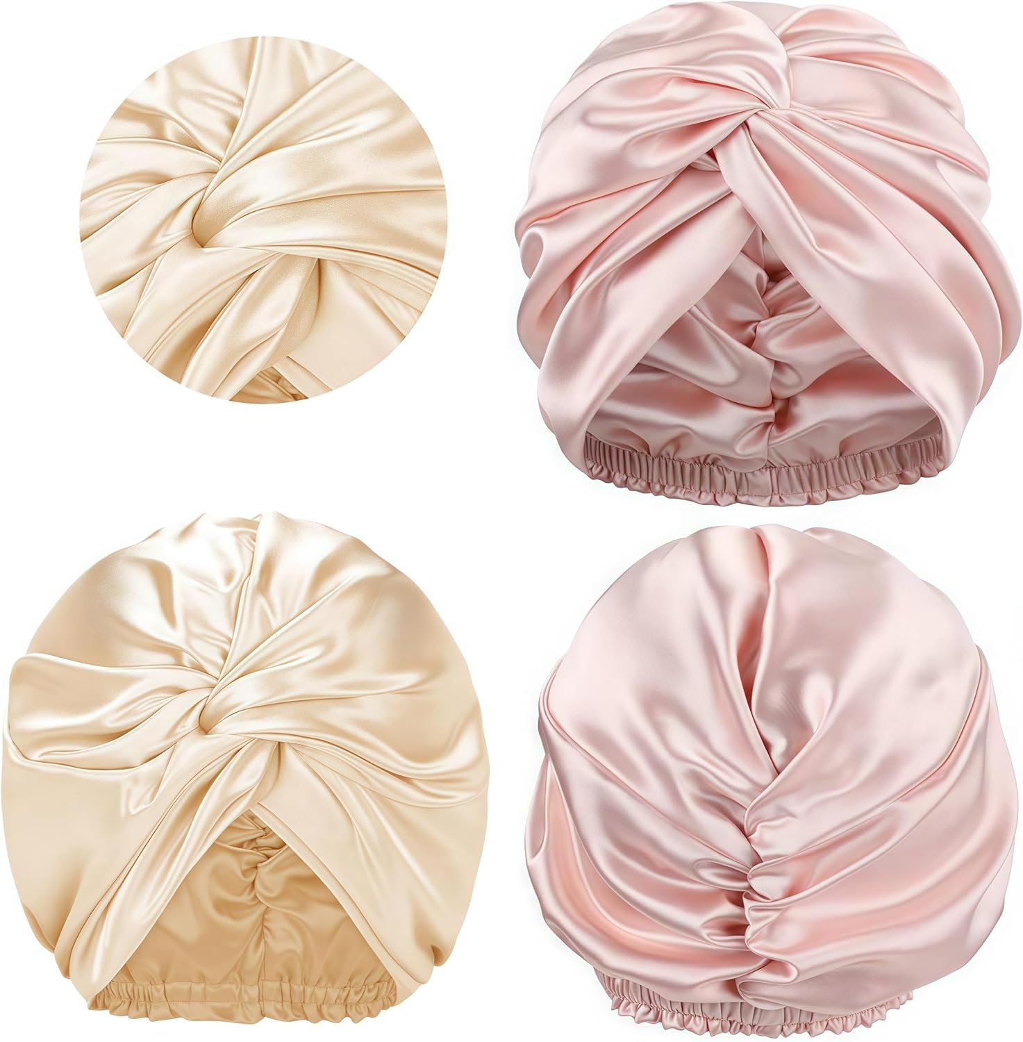 Aknebriax 2Pcs Silk-Like Double Nightcap Silk Hair Bonnet,Lined Satin Hair Bonnet for Sleeping for Women Curly Natural Hair(Champagne, Pink) image number 1