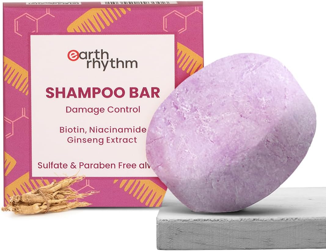 Earth Rhythm Biotin Shampoo Bar with Niacinamide, Ginseng | Restores Suppleness, Adds Shine, Sulfate & Paraben Free, for Rough & Damage Hair (Cardboard) - 80 Gm