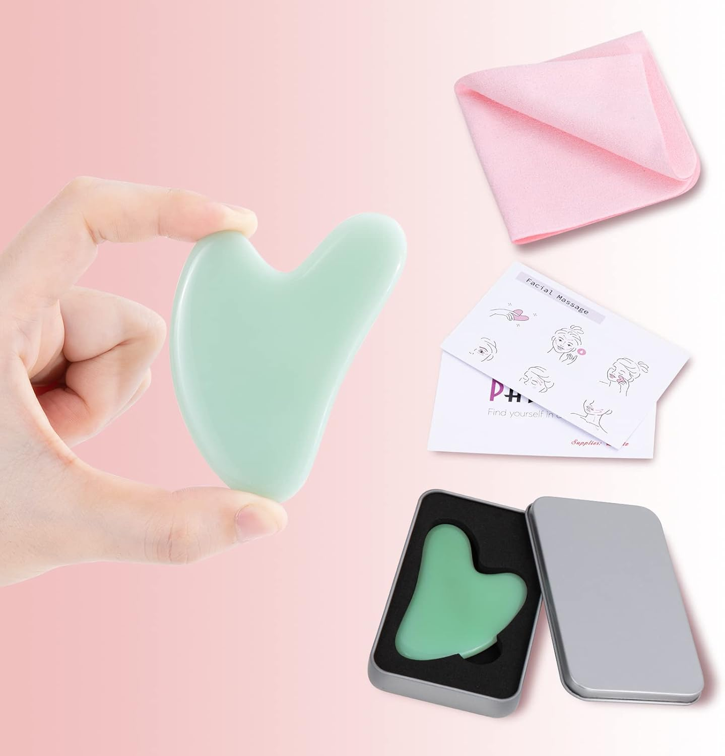 Guasha,Gua Sha Facial Tool,Secret Therapy of Beauty from the Ancient Oriental,Face Slimmer Massage,Decrease Puffiness and Tighten Skin,Improve Face Shape.(Green) - Pink image number 3