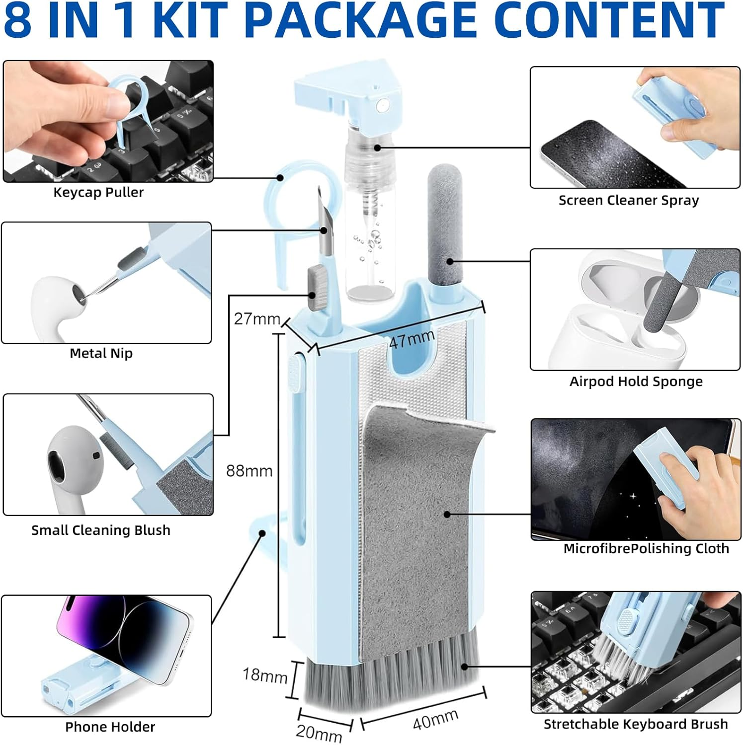 8 in 1 Multifunctional Electronic Cleaner Kit - Keyboard Cleaning Kit, Laptop Cleaner with Brush, Electronic Cleaning Tool for Airpods Pro/Laptop/Phone/Computer/Screen,Blue image number 1