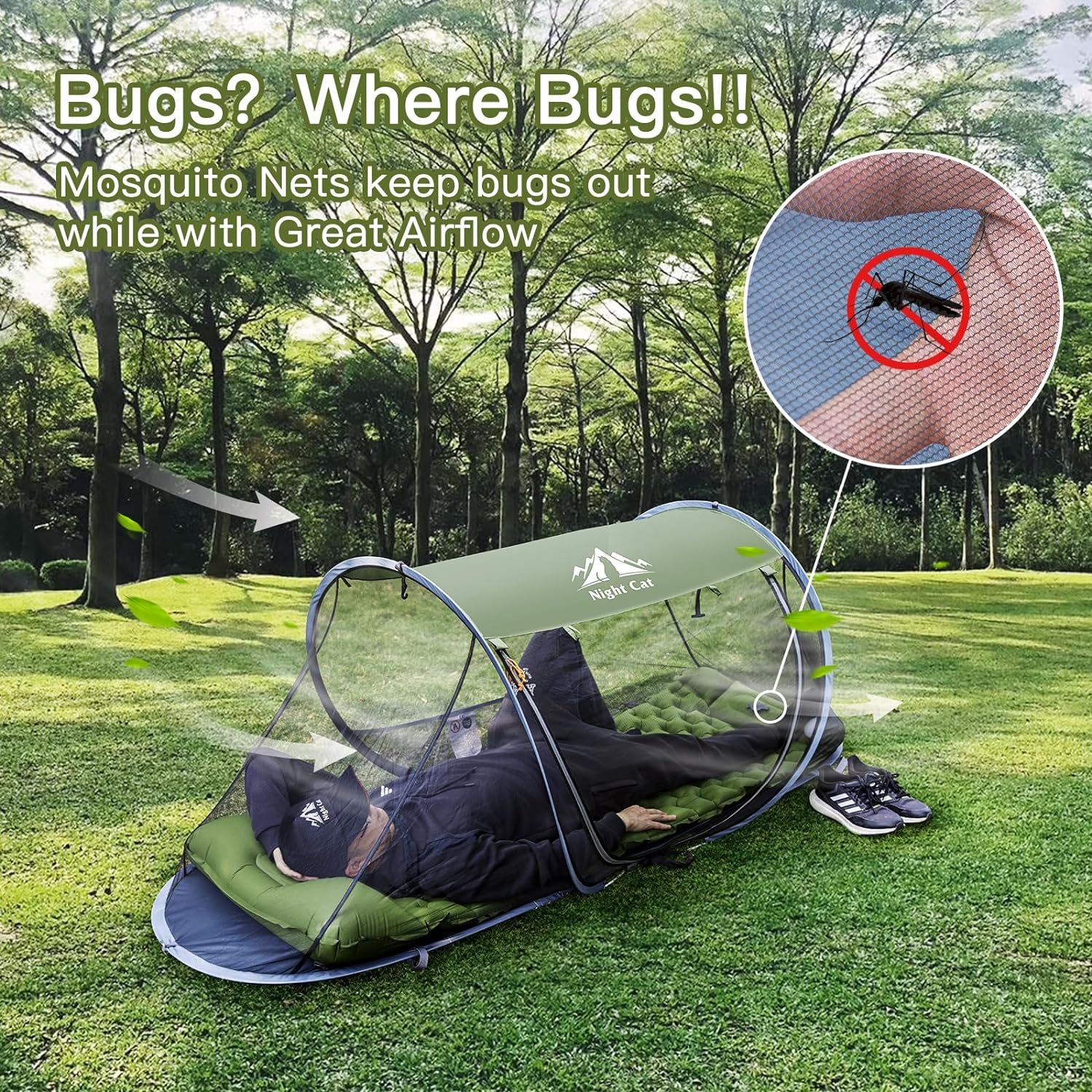 Night Cat Pop-Up Mosquito Tent: 1 Person Camping Tent with Bug Screen Net Adults Kids Fits with Camping Cot (Exclueded) image number 5