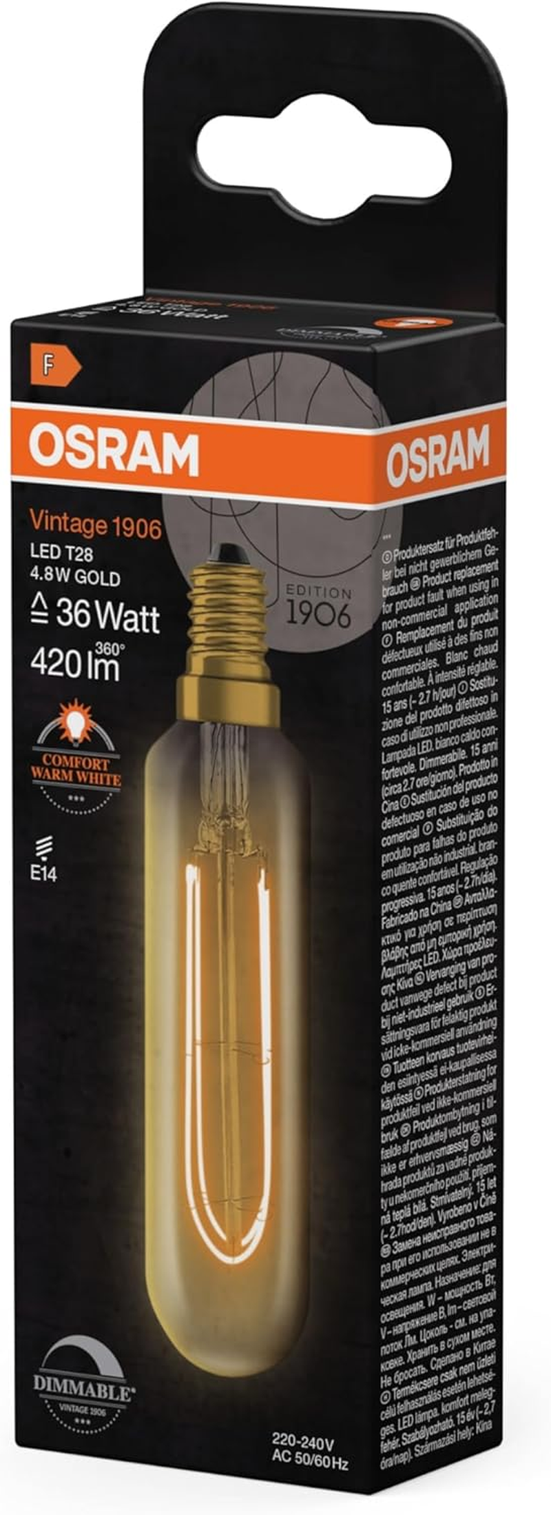 OSRAM Vintage 1906 LED Bulb E14 Filament Gold 4.8W 420LM Dimmable 2200K Glass Replacement Incandescent Decorative Lead Free Indoor