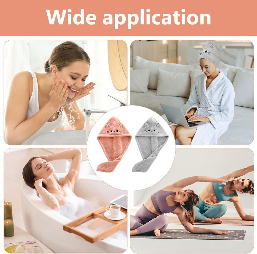 Pack of 2 Microfibre Hair Towel Wraps, Hair Plopping Towel Curly, Quick-Drying Hair Turban, Wrap Super Absorbent, Dark Pink, Grey, Cat Coral Fleece Absorbent Hair Towel for Women Girls image number 3
