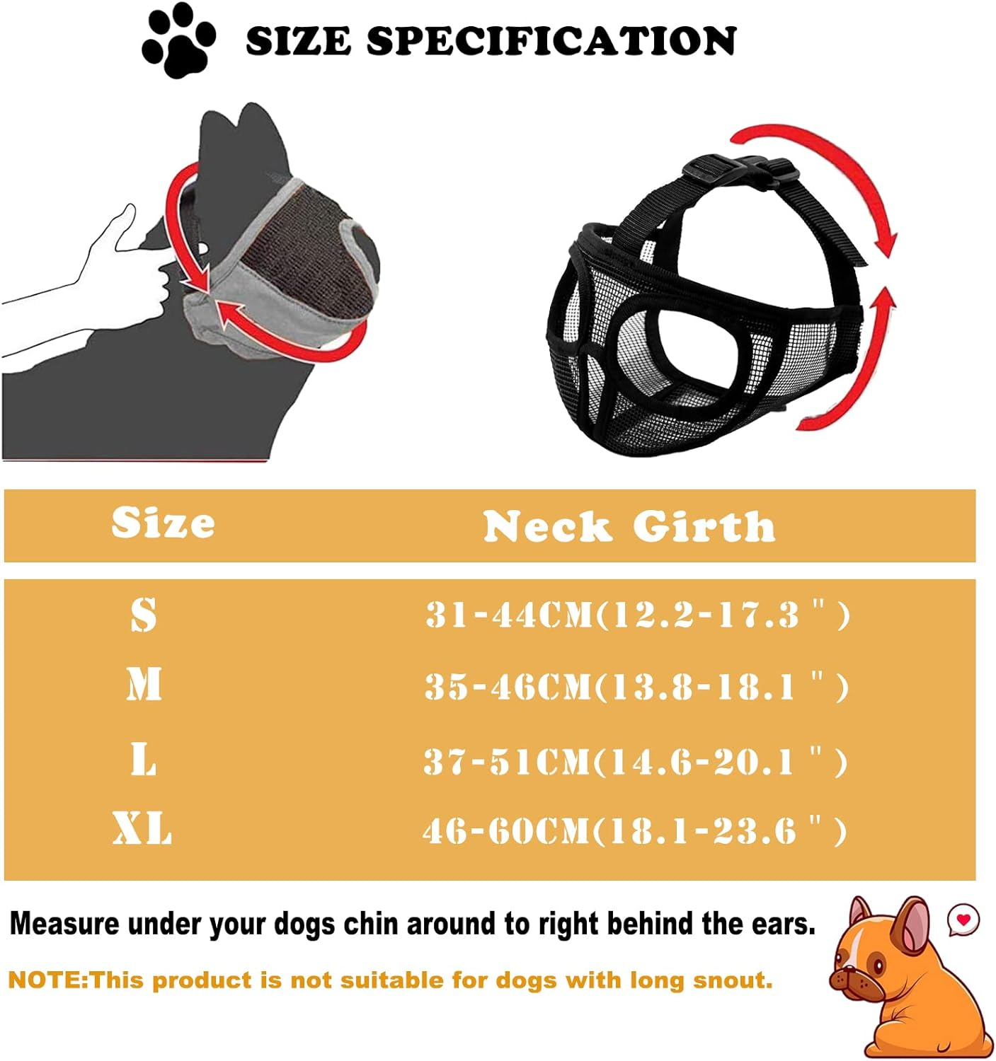 Ohcozzy Short Snout Dog Muzzle, Won&rsquo;T Cover Forehead Bulldog Muzzle Adjustable Breathe Mesh, anti Bitting Chewing Barking（S,Black） image number 3