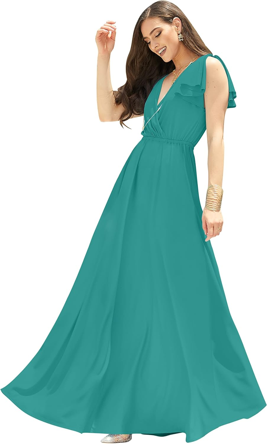 Koh Koh Womens Long V-Neck Ruffle Sleeveless Bridesmaid Prom Gown Maxi Dress image number 3