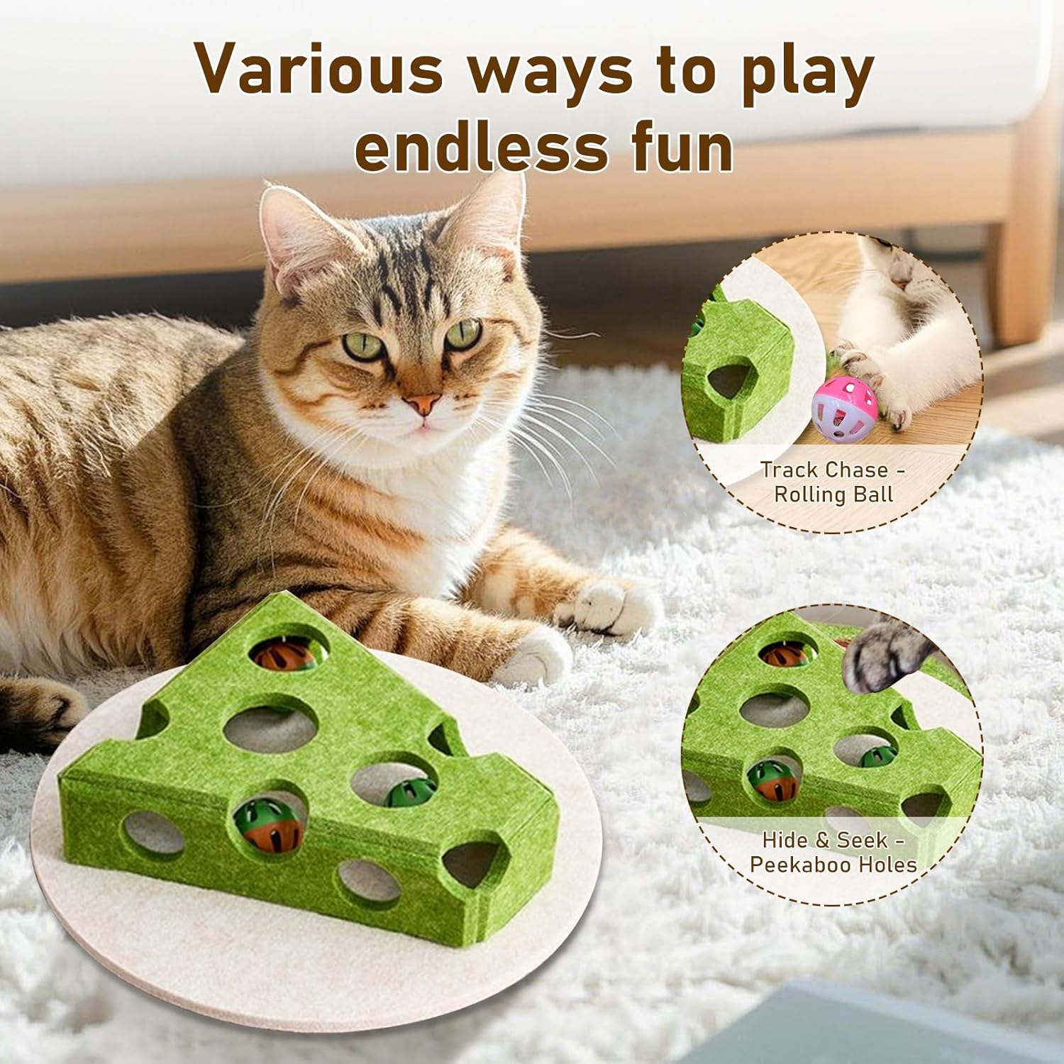 Cat Puzzle Toy, Interactive Cat Toys for Indoor Cats, Kittern Ball Toy with Soft Felt Maze Game Puzzle Box - Fun & Stimulating for Indoor Cats - round (Cheese) - Round image number 2