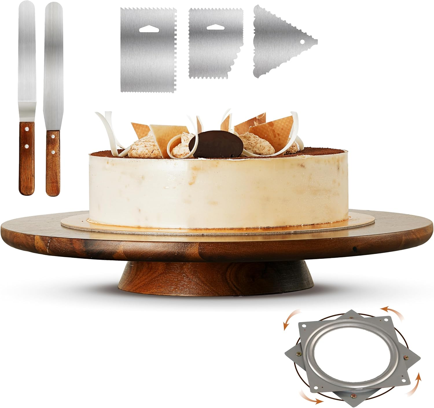 TIDITA 33 Cm Acacia Cake Stand Rotating &ndash; Rustic Cake Stand Set Turntable with 2 Icing Spatulas, 3 Smoothers &ndash; Wooden Revolving Spinner Cake Decorating Supplies - Use at Parties, Wedding (Acacia Wood) image number 3