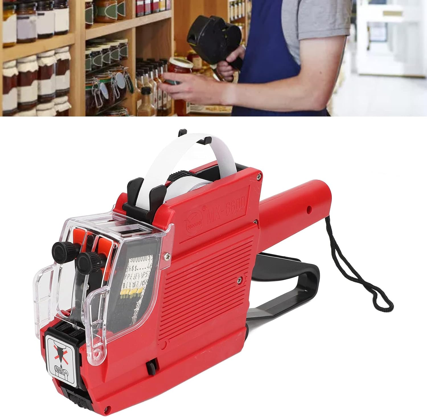 10 Digits 2 Line Price Tag Guns Labeller Marker Attacher Tool Kit Included 1Pc 2 Row Price Tag Guns 1Pc Ink Wheel for Office Retail Store，Mx-6600 Model，Red, Yellow, Blue (Red) image number 1