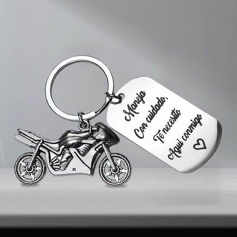 Spanish Motorcycle Keychain with Love Message Tag, Metal Charm with Inspirational Quote, Silver image number 4