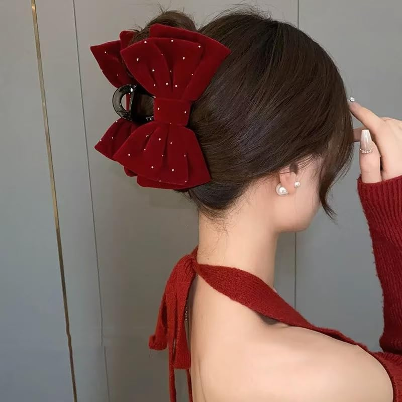 Large Bow Hair Claw Clip for Girls Velvet Red Hair Bows with Rhinestones Big Claw Clips for Thick Long Hair Bowknot Hair Accessories for Women Party Prom Jaw Clips Nonslip Hair Clamp for Styling image number 6
