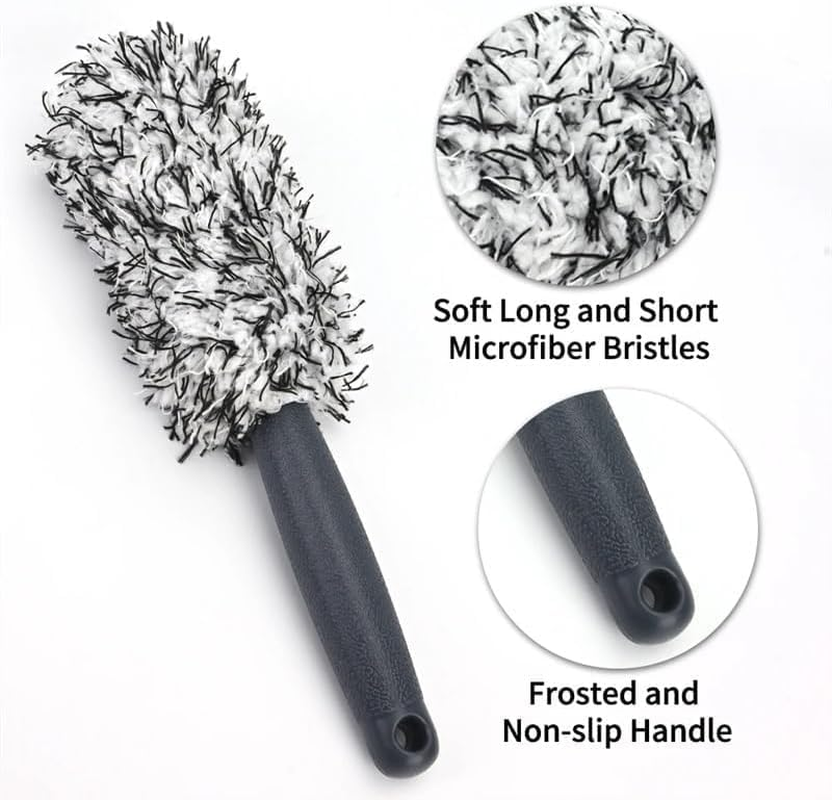 Walquicks Car Microfibre Wheel Brush, Car Rims Brush Car Cleaning Wheel Cleaning Brush Car Detailing Brushes with Long Handle for Rim Hubs for Cleaning Wheels, Rims, Spokes, Fenders, Engines - Black image number 2