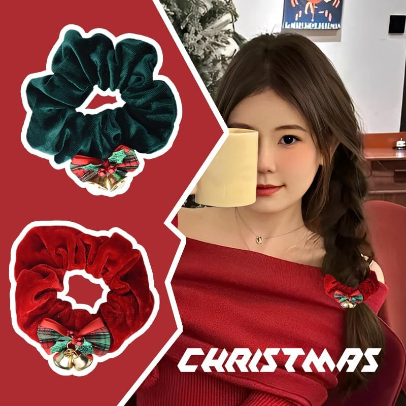 Xmas Christmas Hair Scrunchies for Women Holiday Christmas Hair Ties Christmas Hair Bands Accessories for Women'S Hair Red Green Hair Scrunchie Bell Christmas Ponytail Holder Bow Tip Hair Ties 2Pcs image number 3