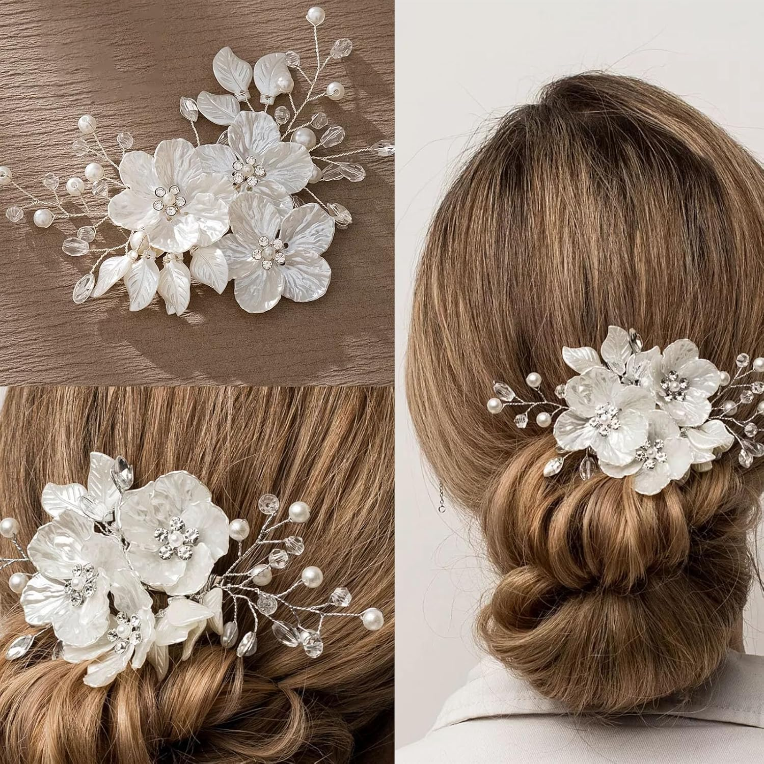 3 PCS Flower Bridal Wedding Hair Pins Crystal Pearl Hair Clips Headpiece Bride Hair Accessories Jewelry with Rhinestone, Glitter Emboss White Flower image number 2