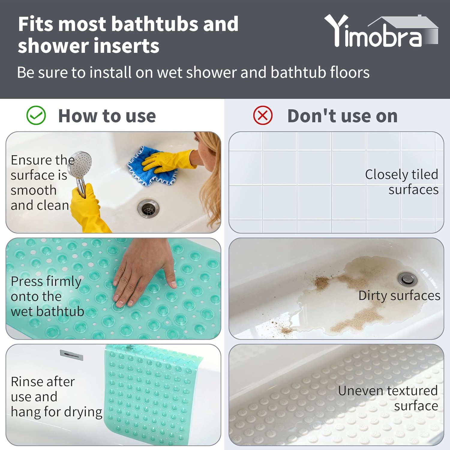 Yimobra Non Slip Bathtub Mat 40 X 16 Inch, Extra Long Shower Mat with Drain Holes, Machine Washable Baby Bath Mats, Strong Suction Cups for Bathroom Floor, Clear Green