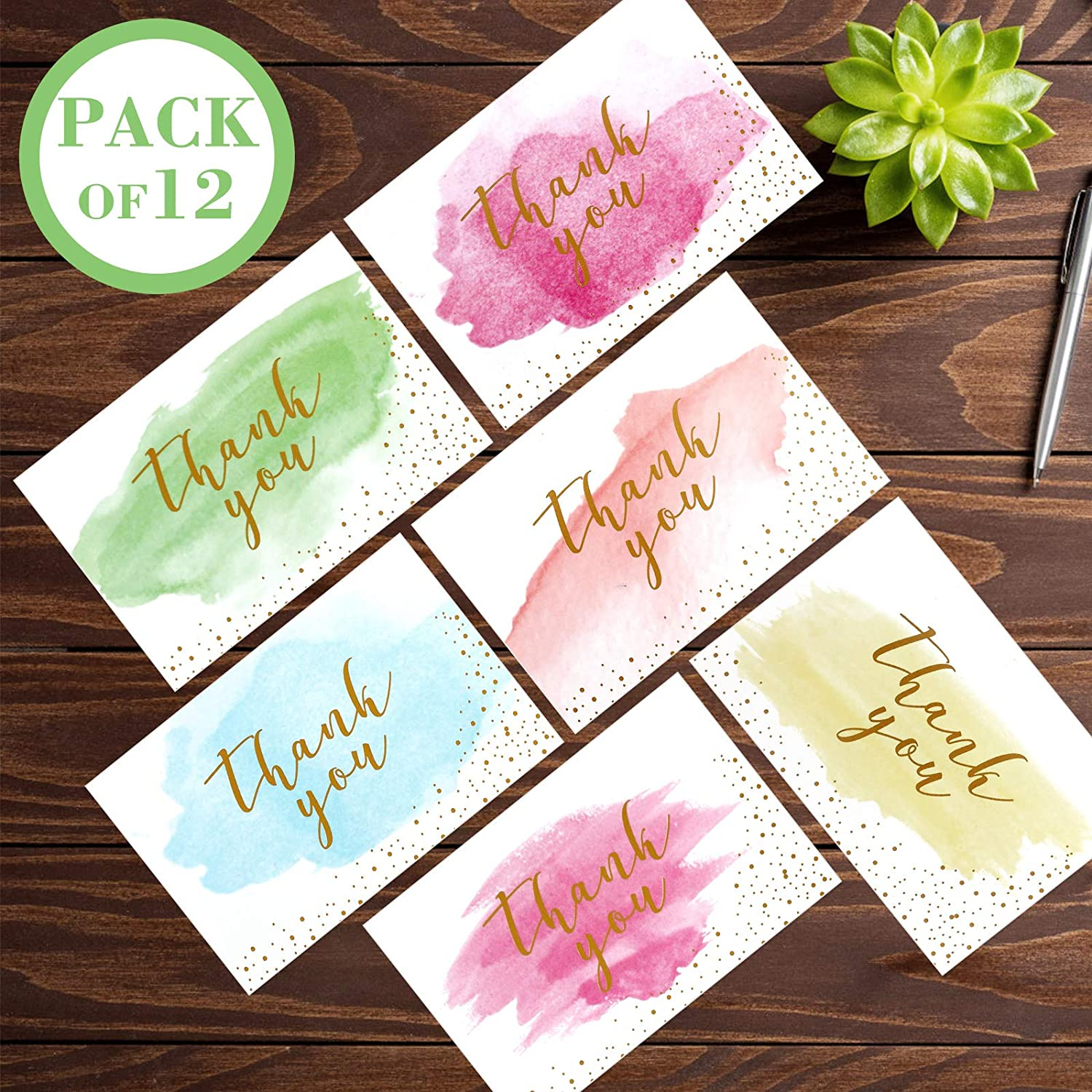 Thank You Cards Set: 12 Sheets Thank You Greeting Cards with Envelopes and Stickers,Watercolour Design, Greeting Cards for Wedding, Kids - Fully Recyclable and Eco-Friendly Cards image number 2