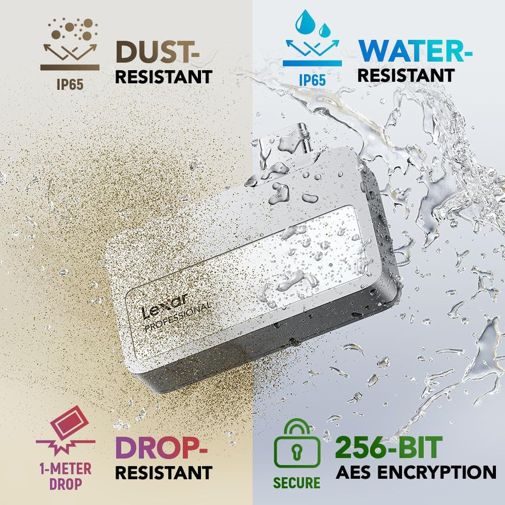 Lexar 1TB Professional Go Portable SSD W/Hub, Supports Apple Prores, up to 1050Mb/S Read & 1000Mb/S Write, USB 3.2 Gen 2, Rugged, Compatible with Iphone 15 Series, PC & Mac (LSL400S001T-RNSNU)