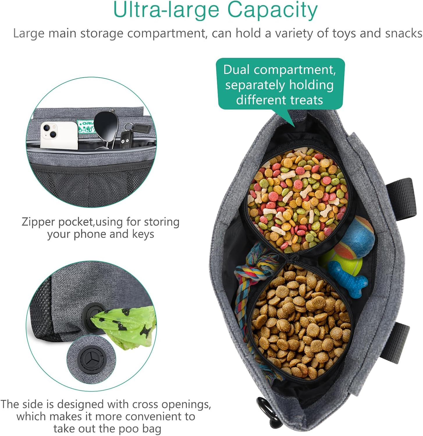 ORIA Dog Treat Training Pouch, Pet Training Bag, Dog Treat Pouch with Adjustable Belt and Removable Inner Pocket, Large Capacity Dog Food Bag for Pet Walking, Carry Pet Toys, Treats -Grey image number 4