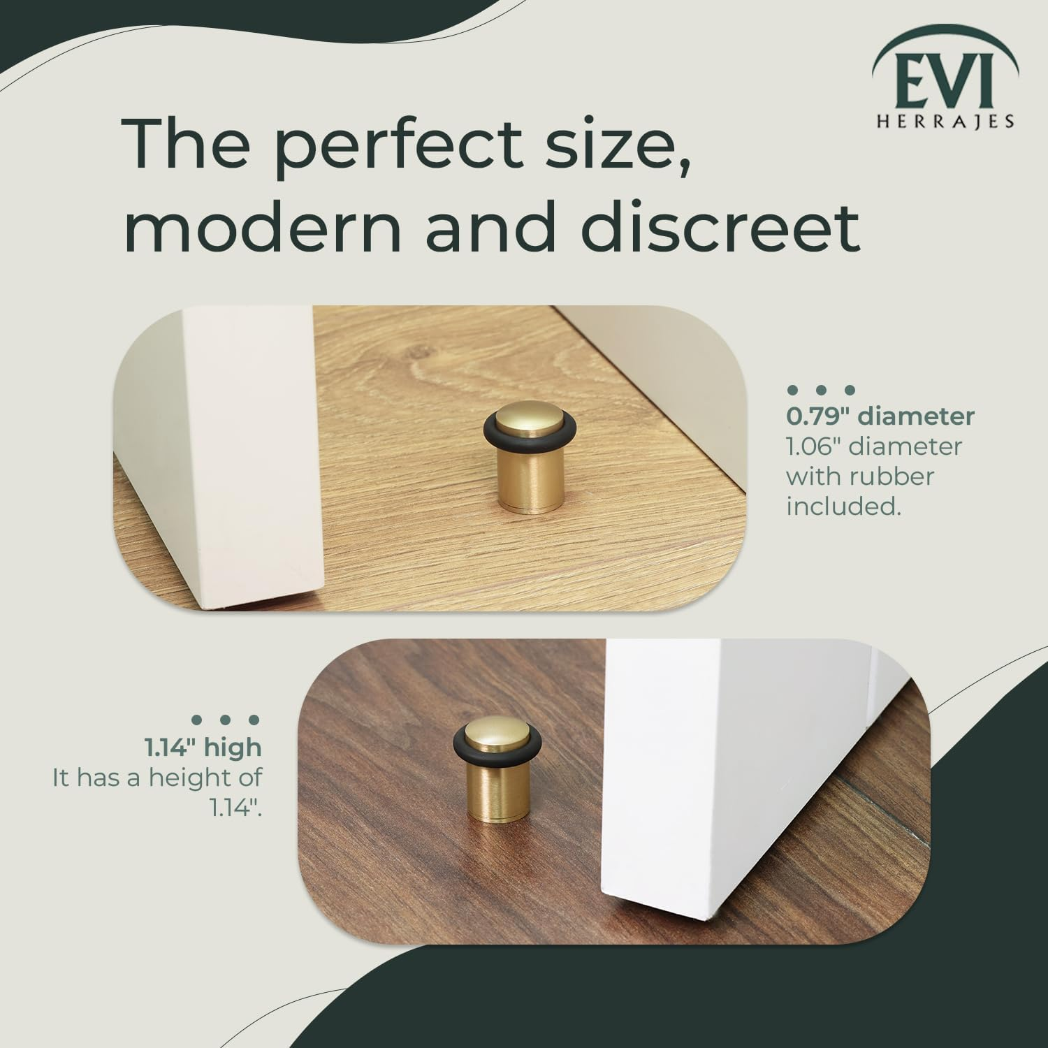EVI | Pack of 2 Door Stops | 20X29.5Mm | Threaded Base | Black Natural Silicone Rubber | Satin Matte Finished Brass | Includes Tools | Model I-108 - Leather image number 3