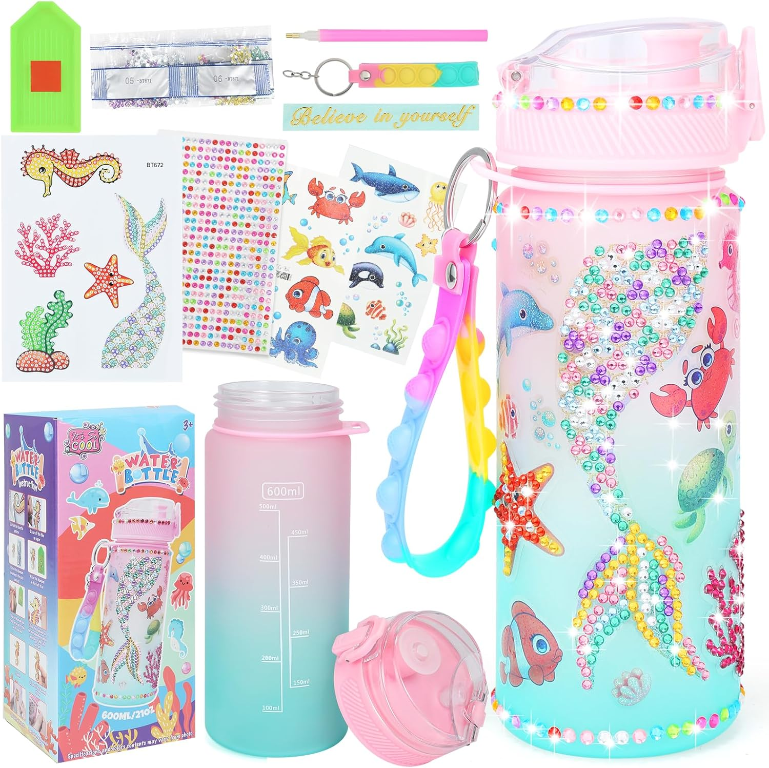 Decorate Your Own Water Bottle Kits for Girls - Gem Diamond Painting Arts and Crafts Toys Gifts for 4+ Year Old Girls Kids Birthday (Multicolor Mermaid) image number 2