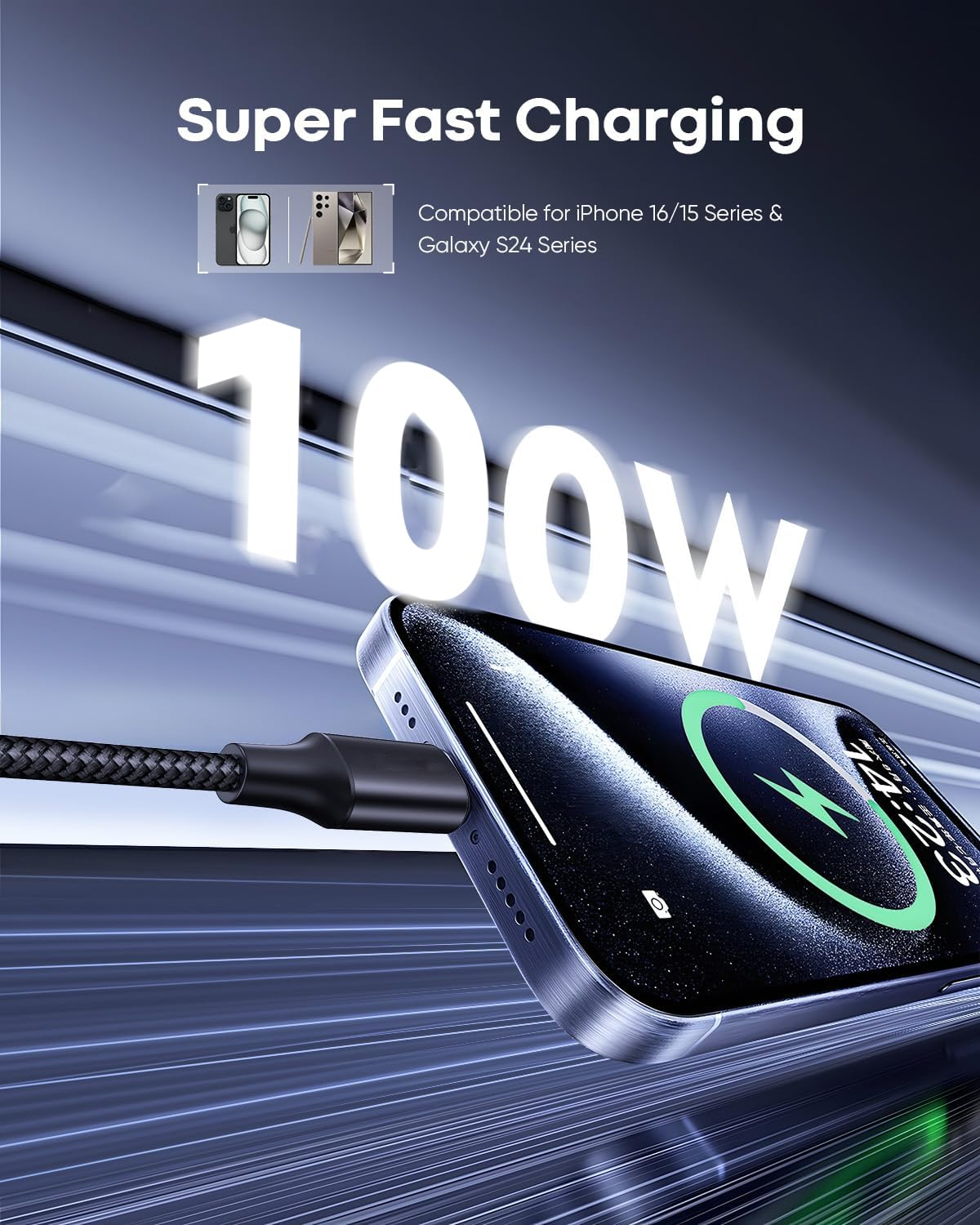 USB C to USB C Cable 100W Type C Charger Cable Power Delivery PD Charging Cord for Iphone 15 Pro Max, Macbook Pro, Ipad Pro, Dell XPS, Chromebook, Pixel 7, Samsung S24 S23 Switch (2M, Black) image number 5