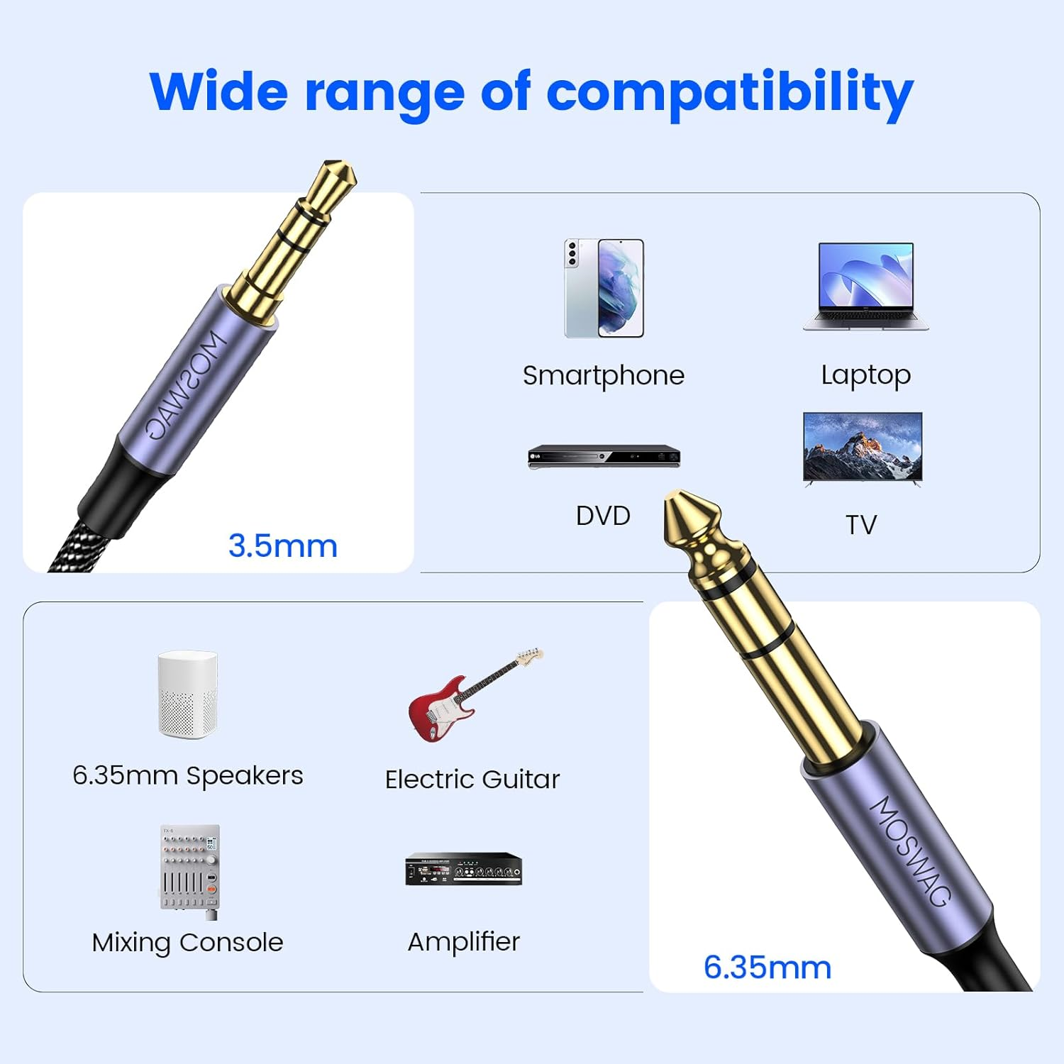 MOSWAG 3.5Mm to 6.35Mm Stereo Audio Cable, Zinc Alloy Housing 3.5Mm 1/8" Male TRS to 6.35Mm 1/4" Male TRS Nylon Braided Stereo Audio Cable for Iphone,Amplifiers (10Ft/3Meter)